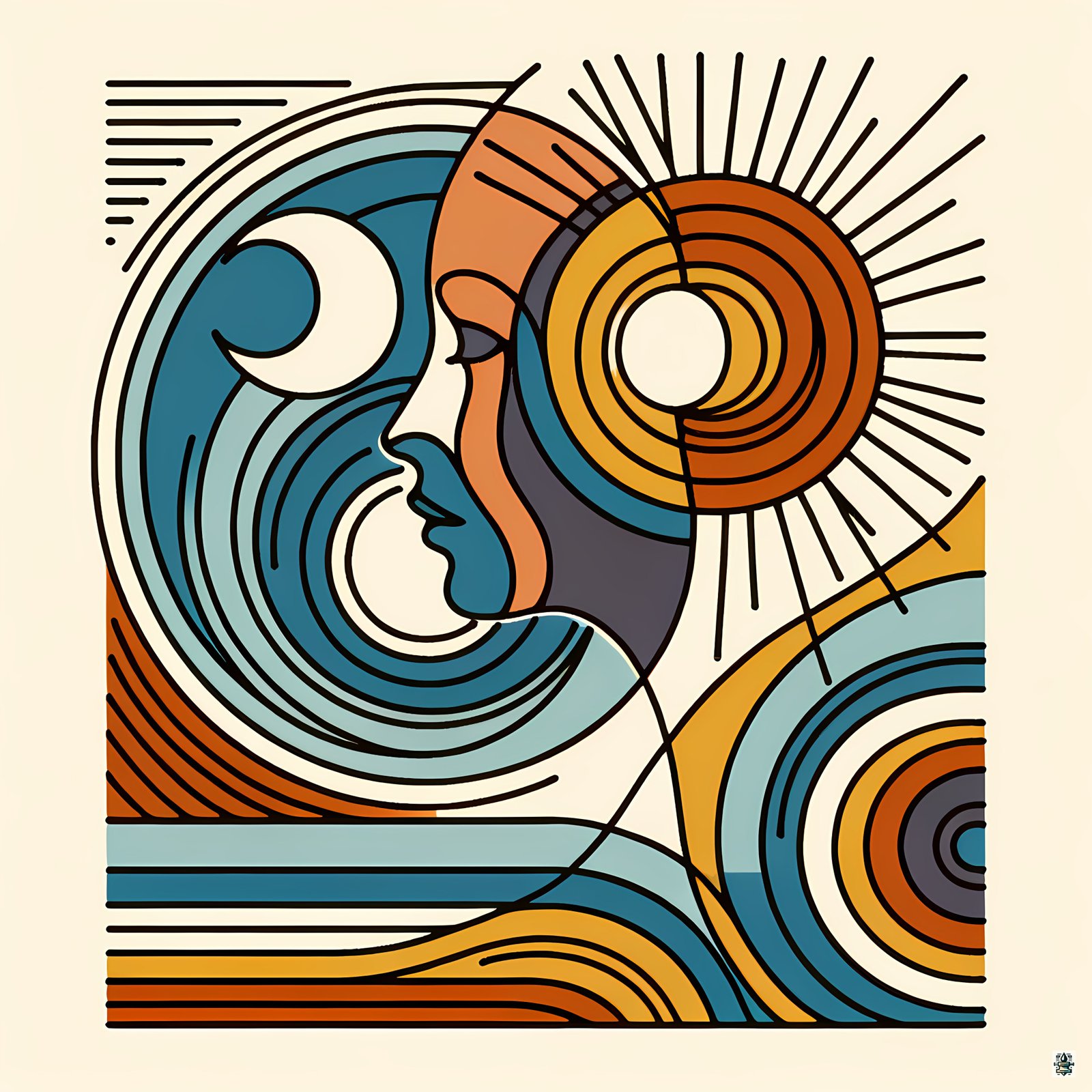 Abstract Line Face with Sun and Moon Waves