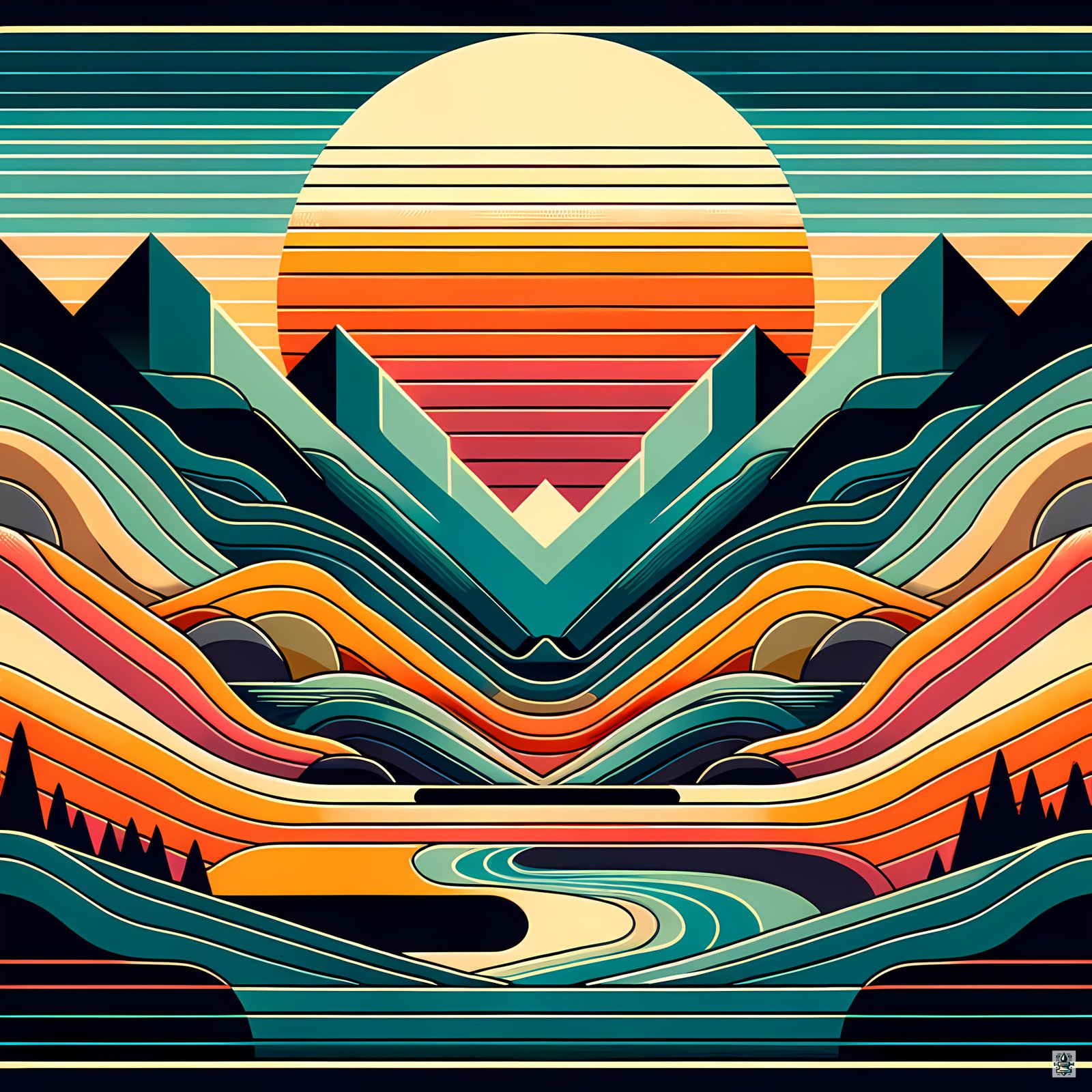 Geometric Mountains Sunset with Layered Valley Lines