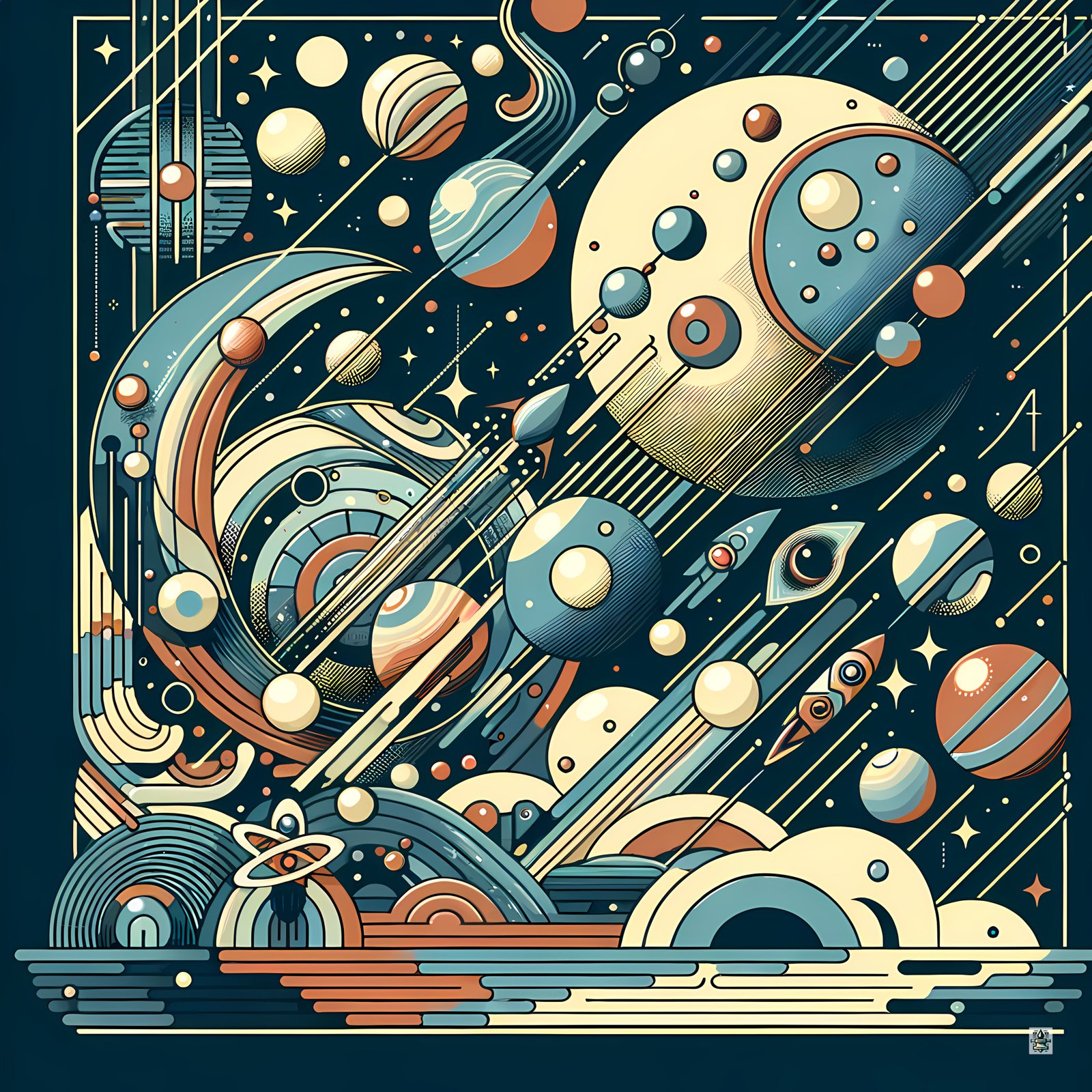 Retro Geometric Space Planets in Teal and Orange
