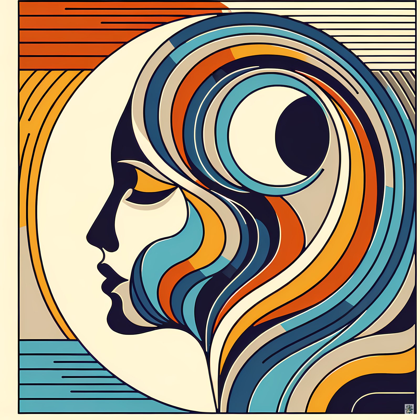 Abstract Woman Profile with Flowing Retro Waves