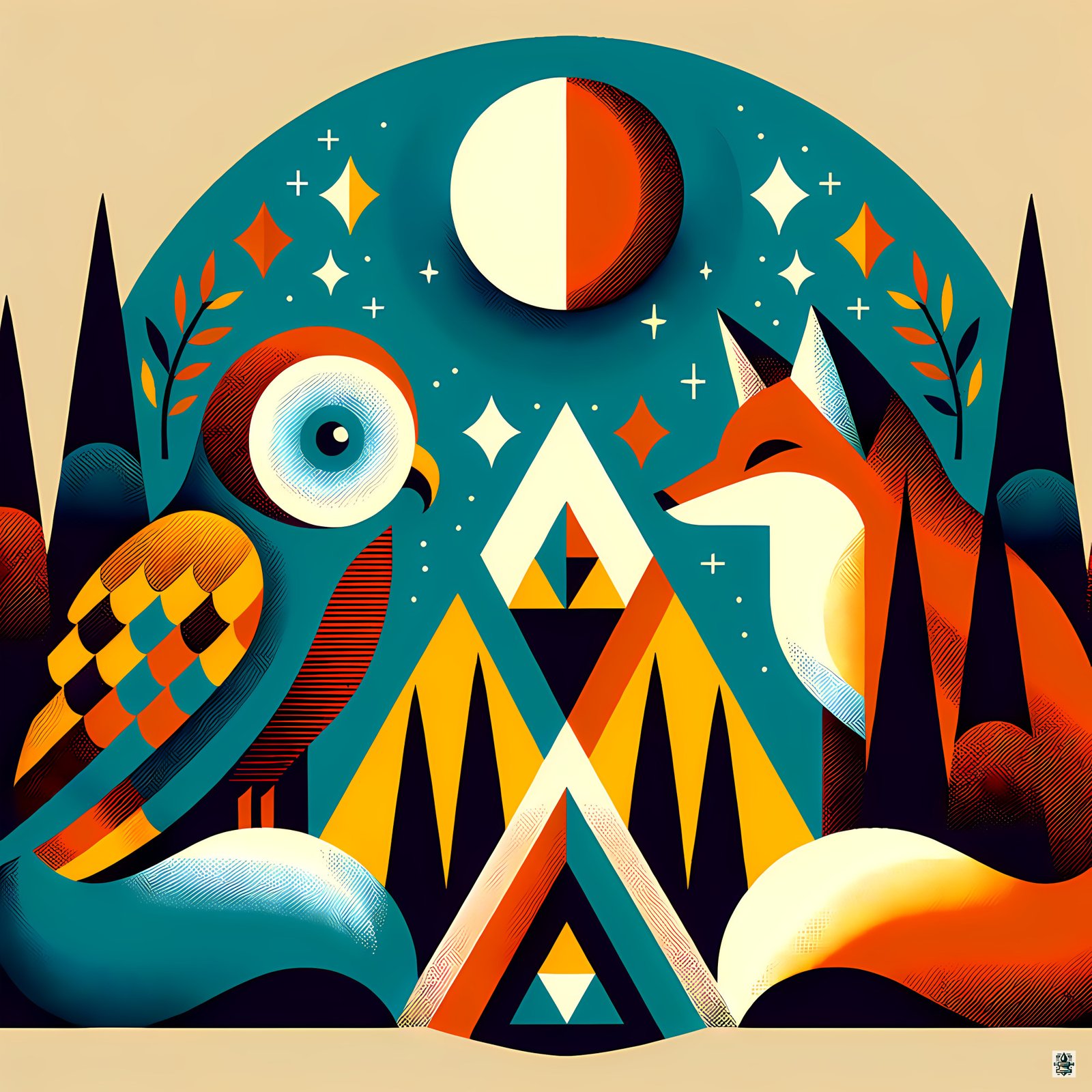 Geometric Owl and Fox Under a Moonlit Sky