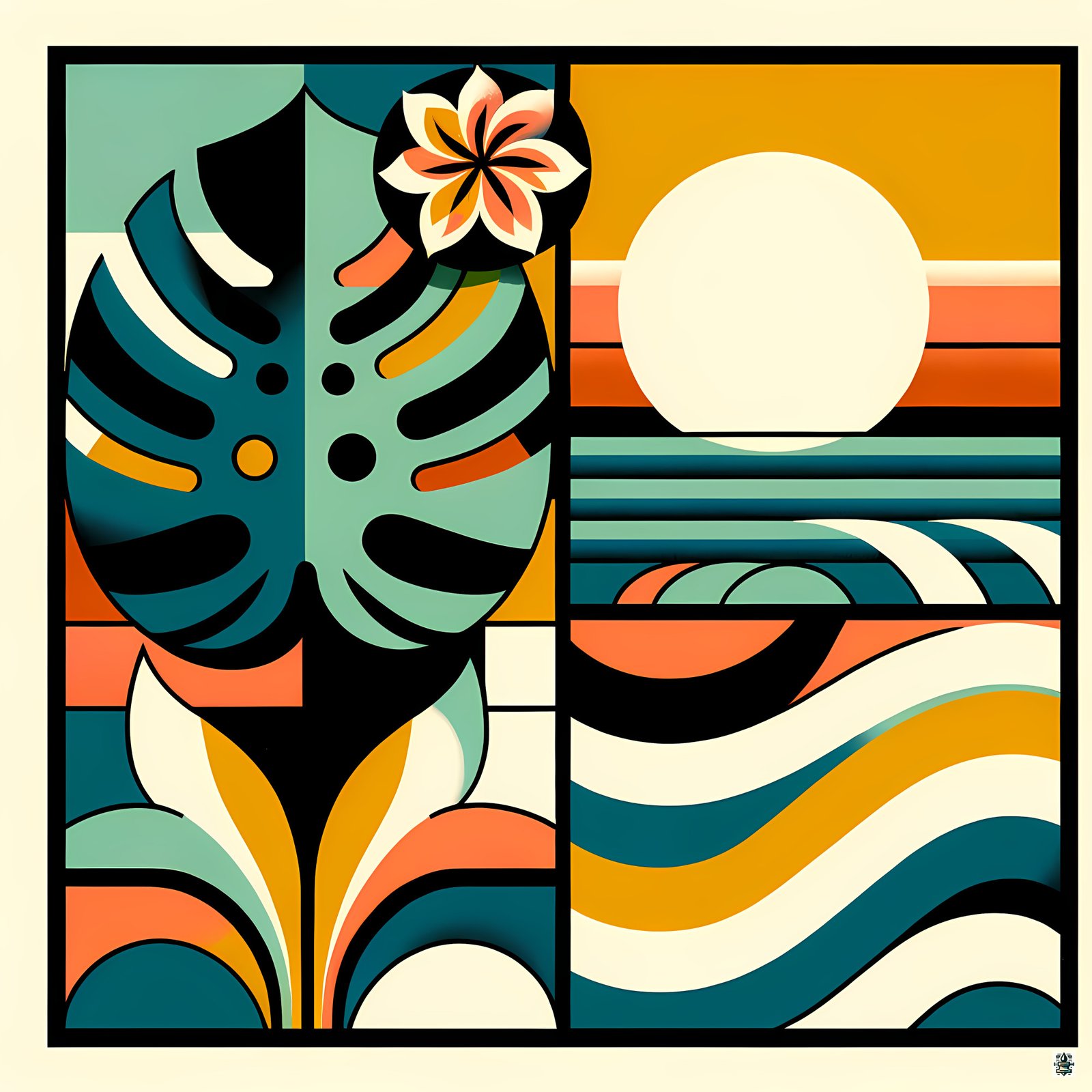 Abstract Monstera Leaf and Sun Geometric Waves