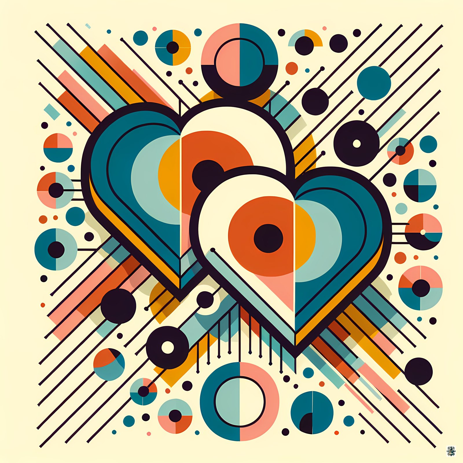 Geometric Heart Duo with Retro Circles and Lines