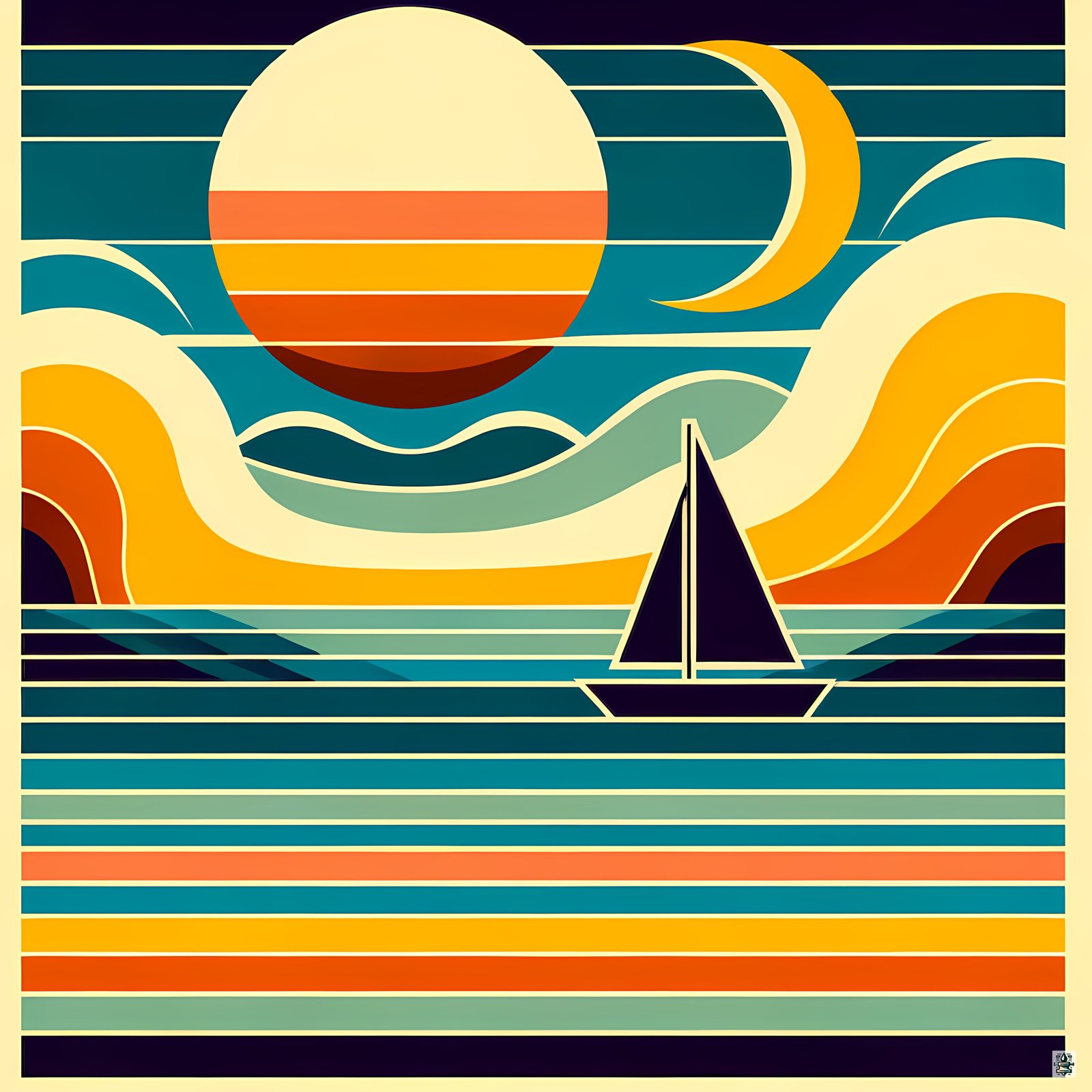 Minimal Sailboat Sunset with Moon and Waves