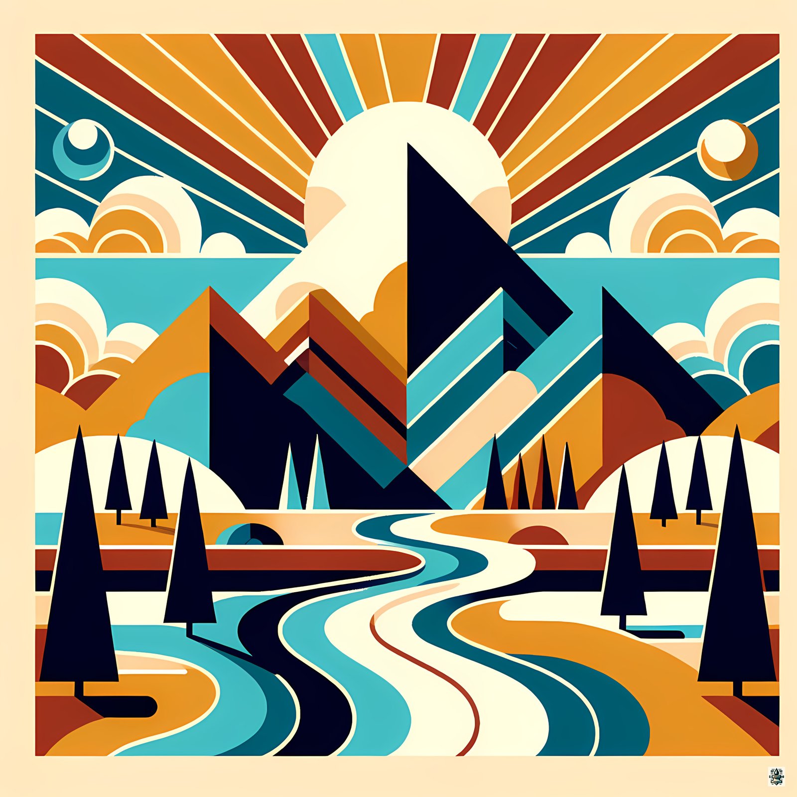 Geometric Mountain Peaks with River and Sunburst