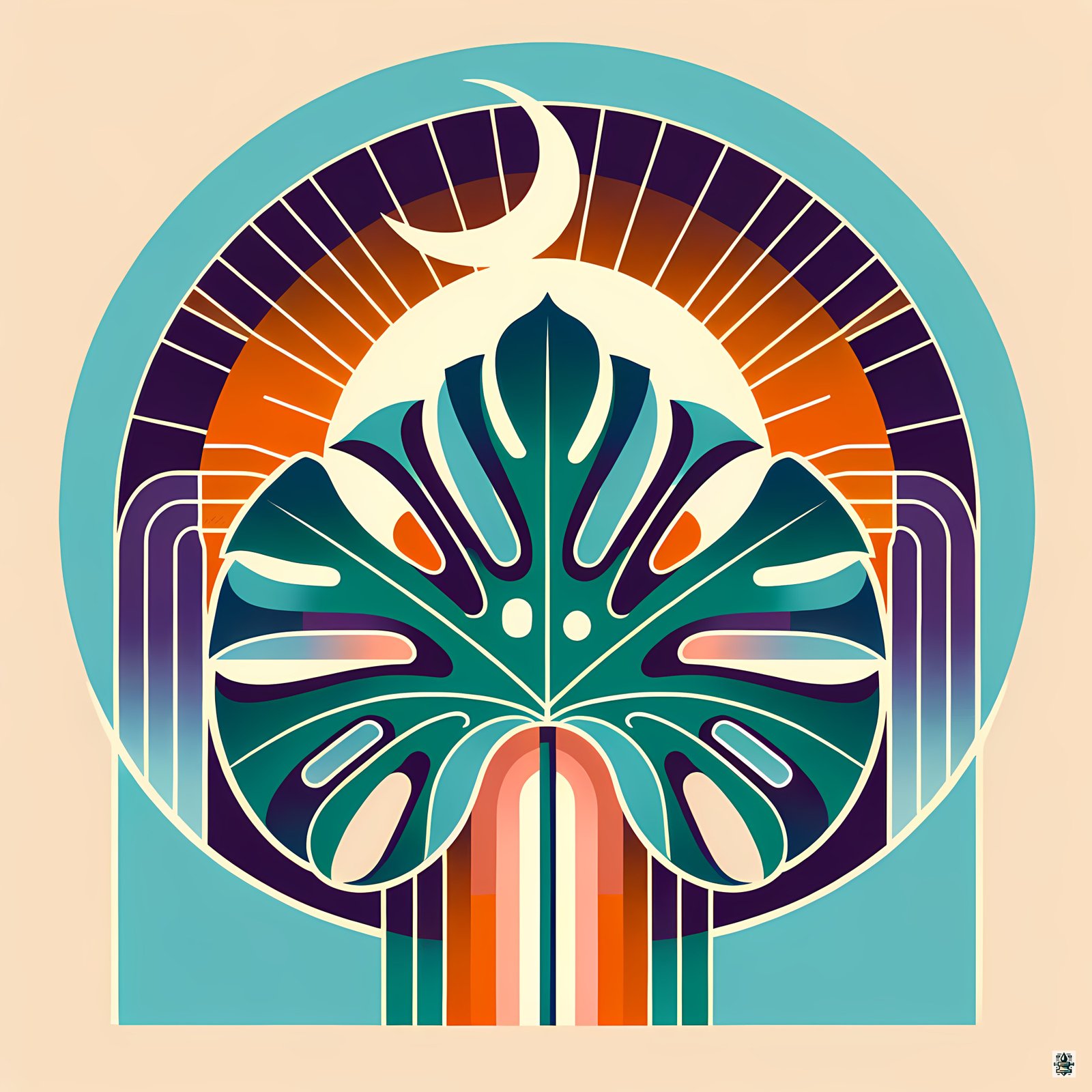 Geometric Monstera Leaf with Crescent Moon