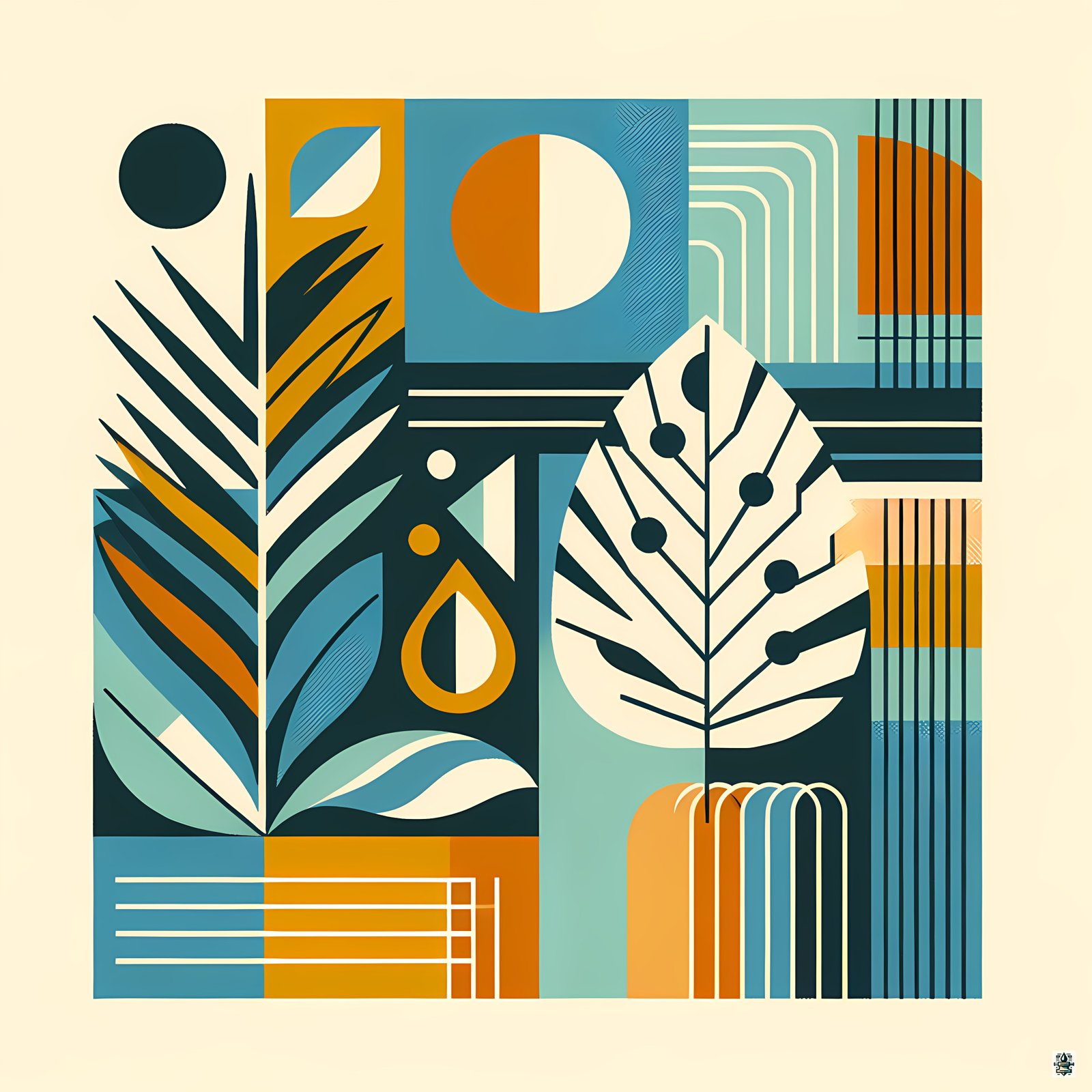 Geometric Botanical Leaves in Teal and Ochre