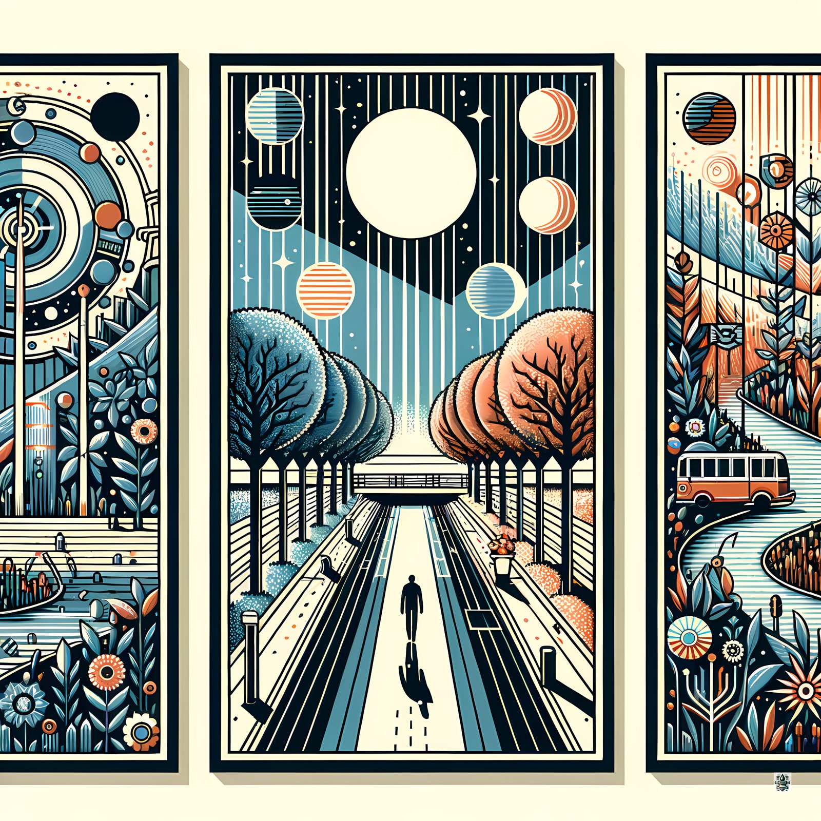 Retro Cosmic Landscape Triptych in Teal and Orange