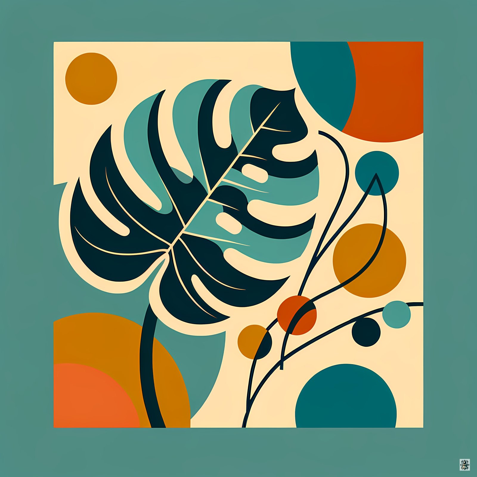 Abstract Monstera Leaf with Geometric Circles