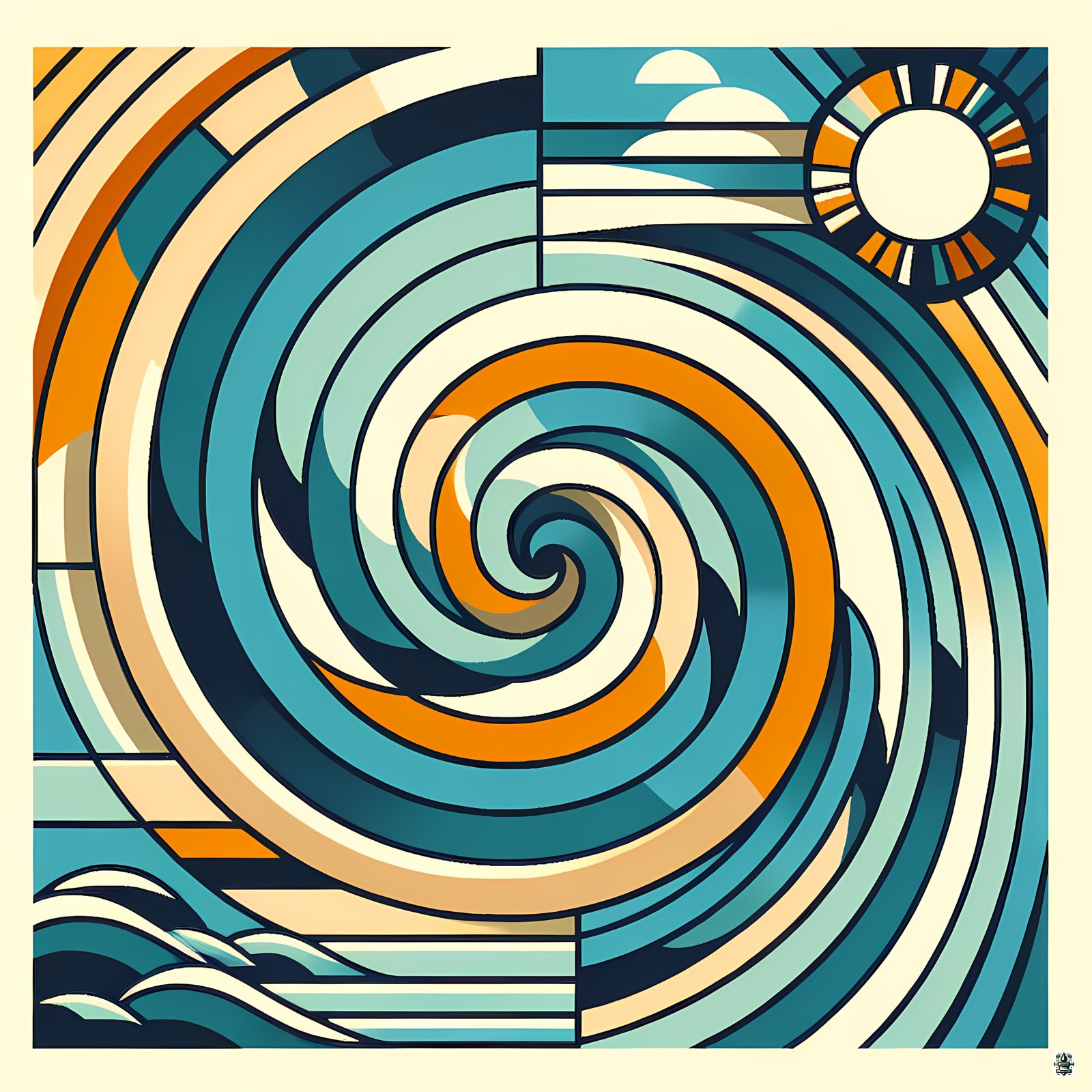 Geometric Ocean Swirl with Sun and Clouds