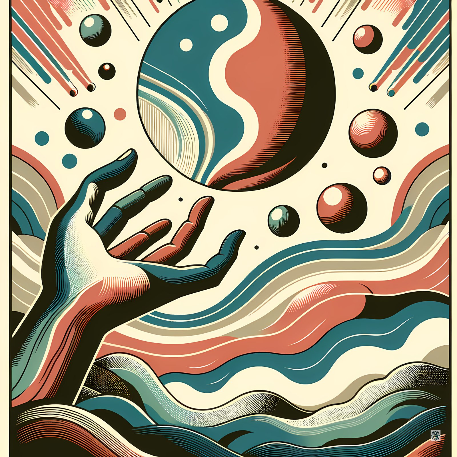 Retro Cosmic Hand and Abstract Planet Waves