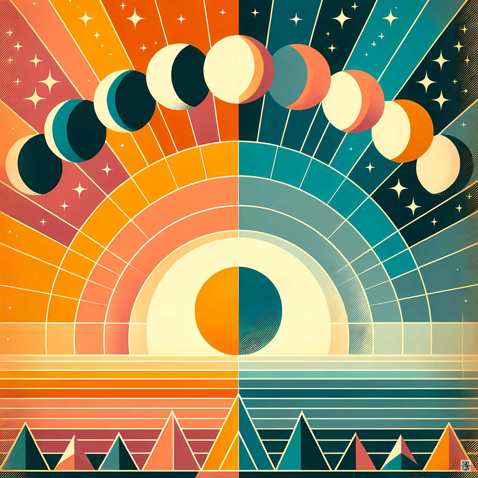 Geometric Moon Phases Over Split Sun and Sky