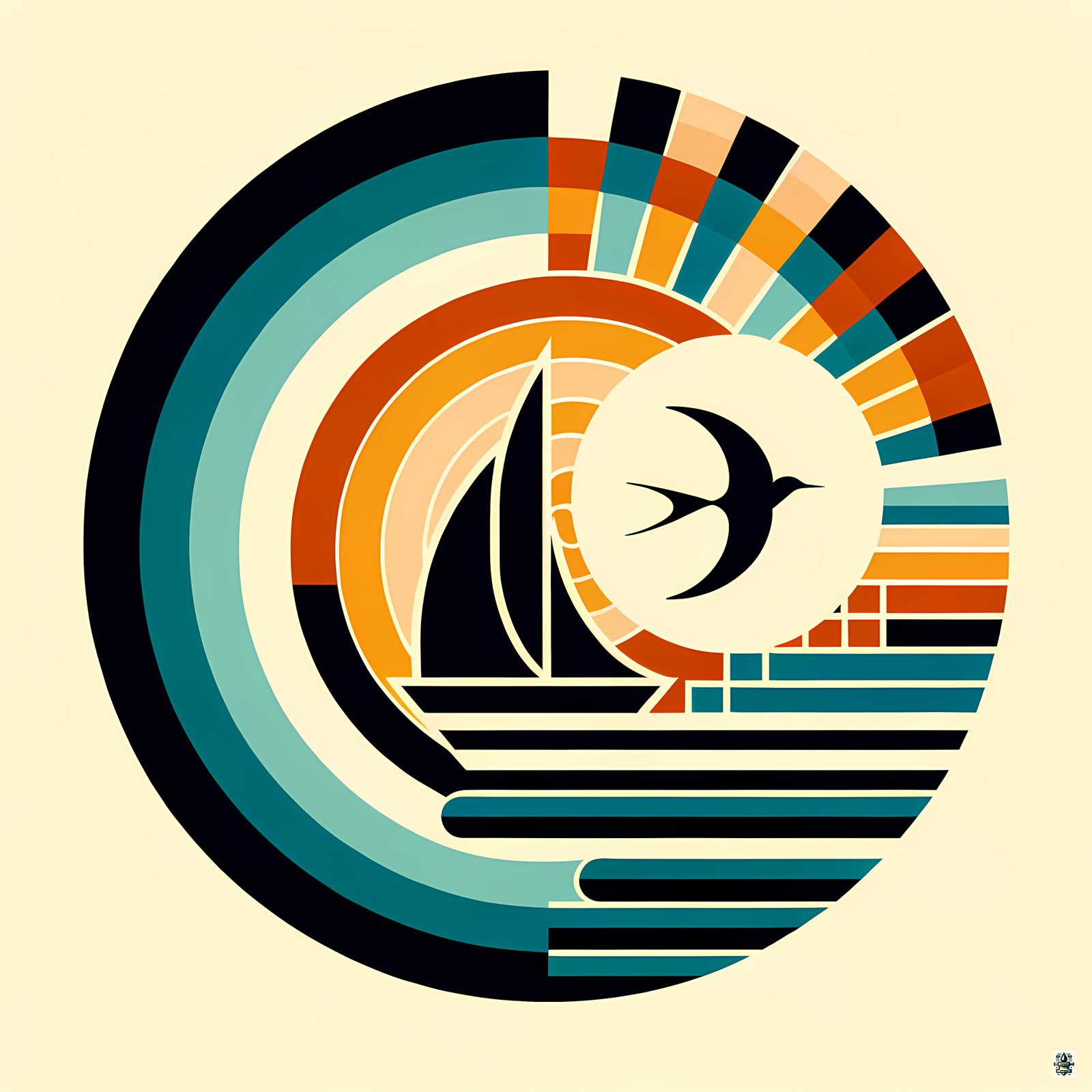 Geometric Sailboat and Swallow Sunset Emblem