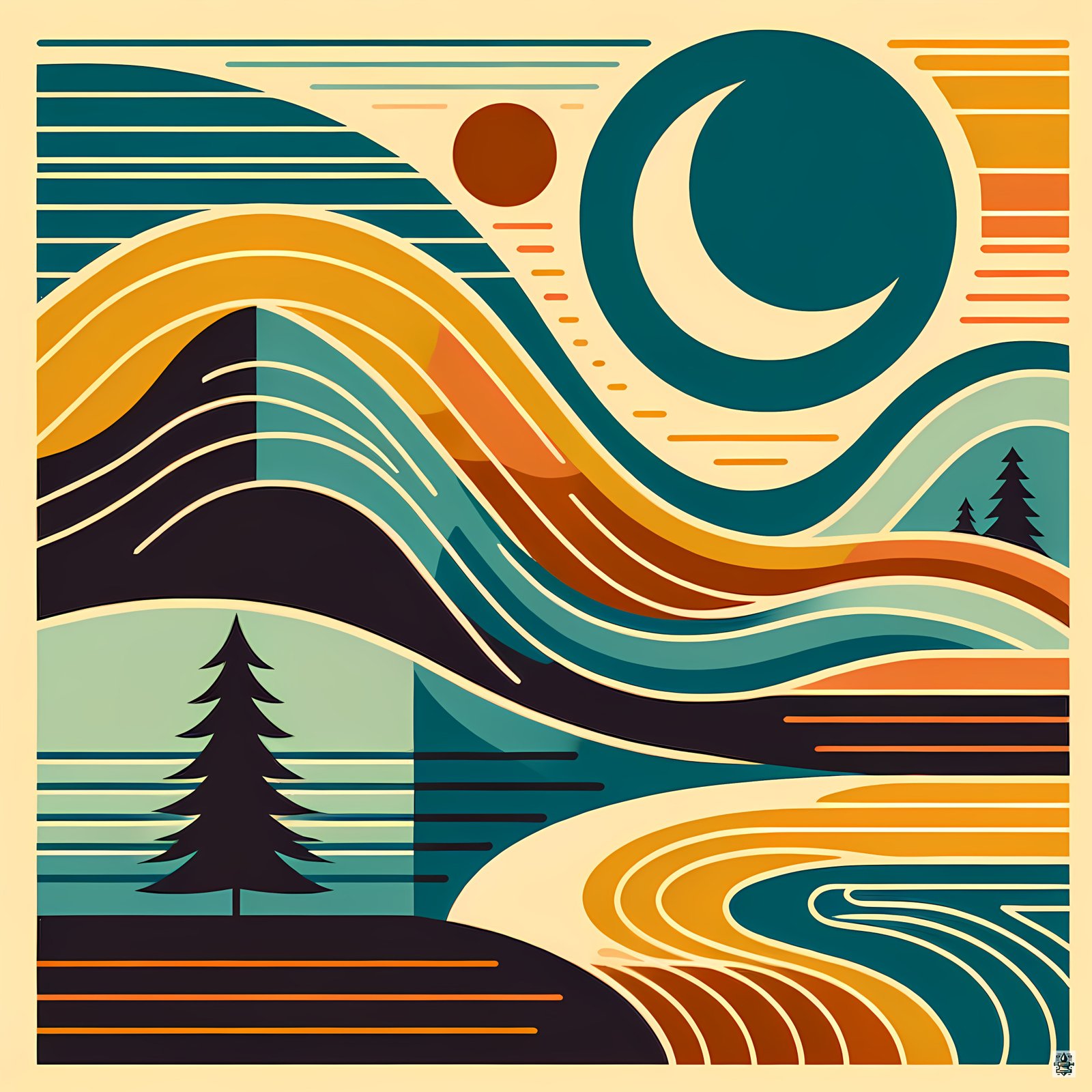Retro Topographic Landscape with Moon and Pines