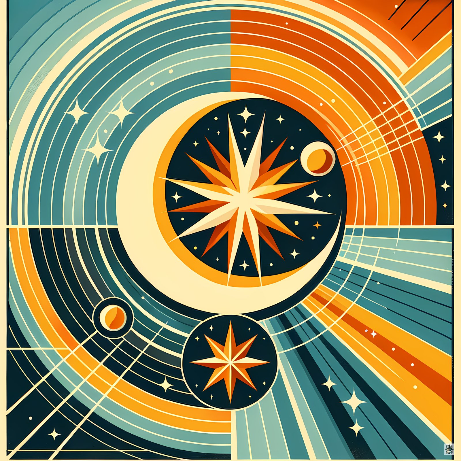 Geometric Crescent Moon and Starburst Orbit