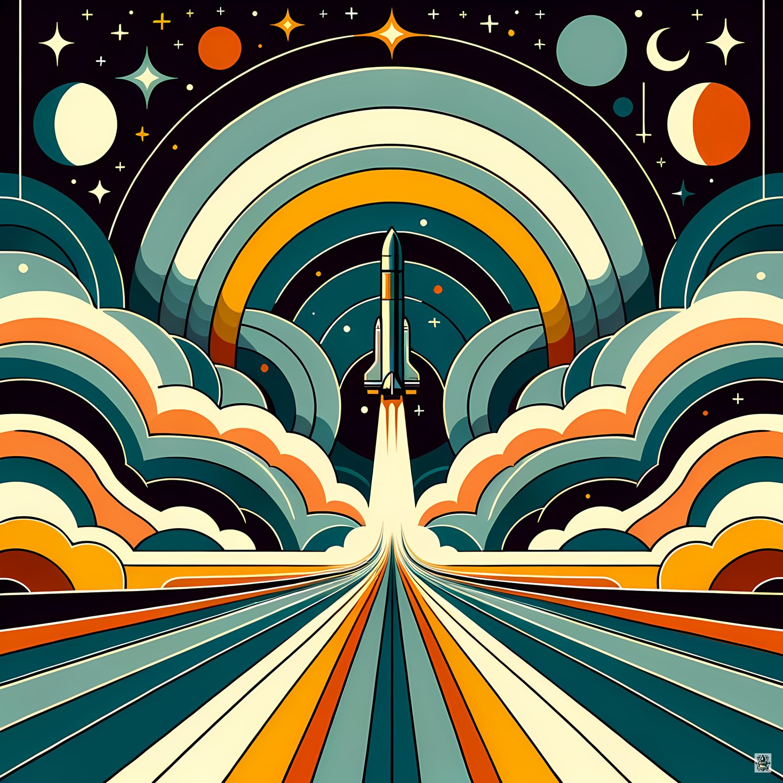 Retro Rocket Launch Through Geometric Clouds