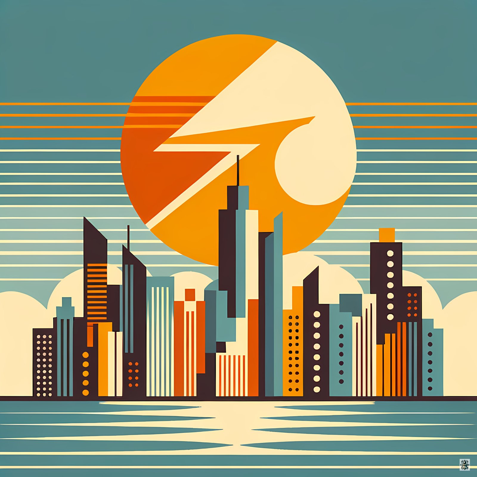 Retro Geometric City Skyline Sunset