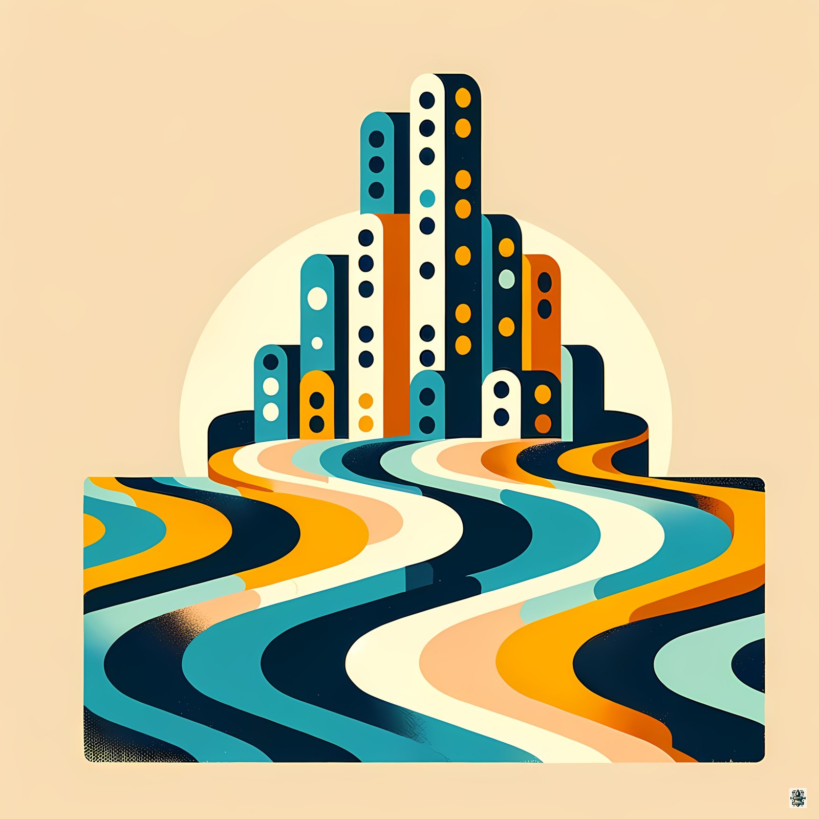 Retro Geometric Cityscape with Wavy Stripes