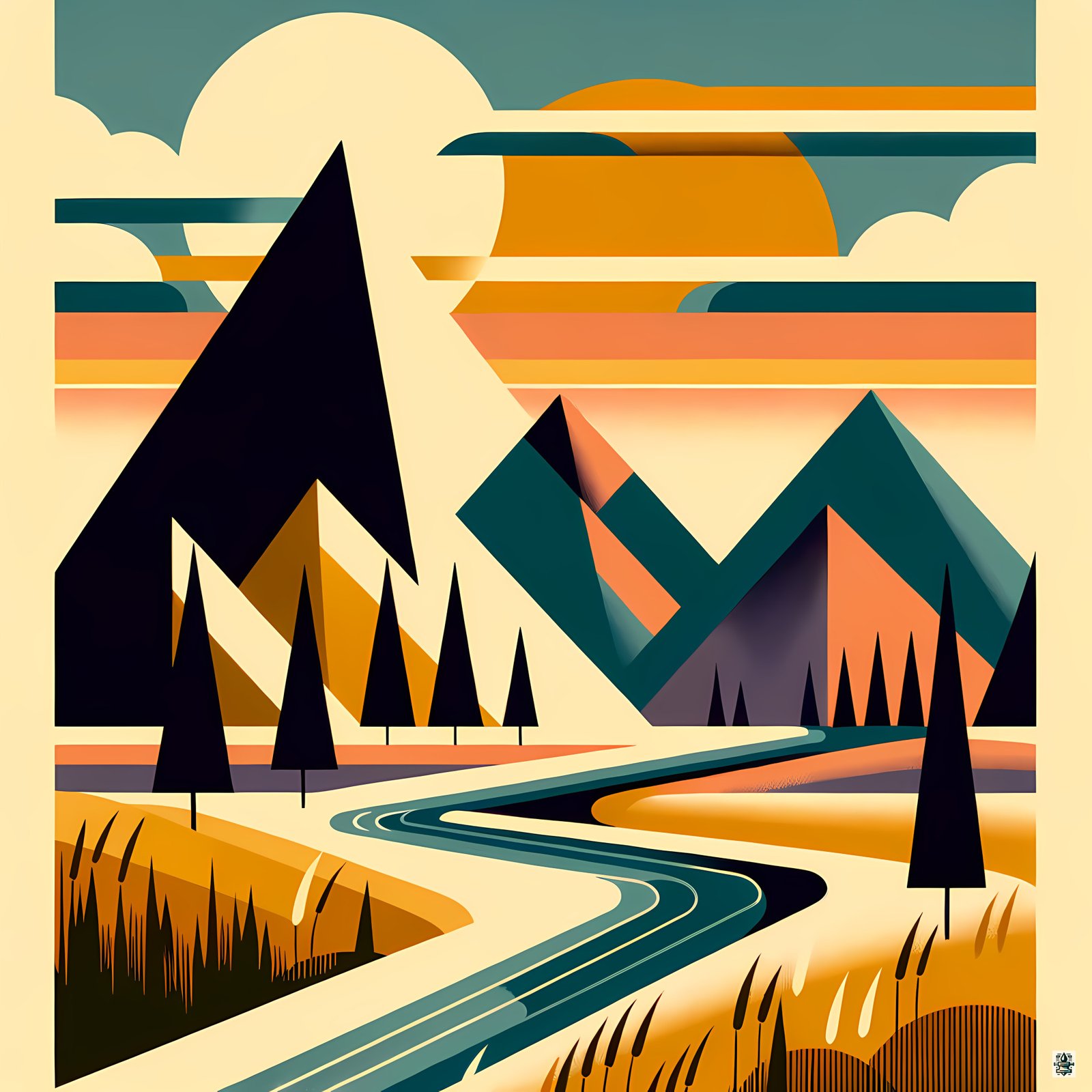 Geometric Mountain Landscape with River and Sunset