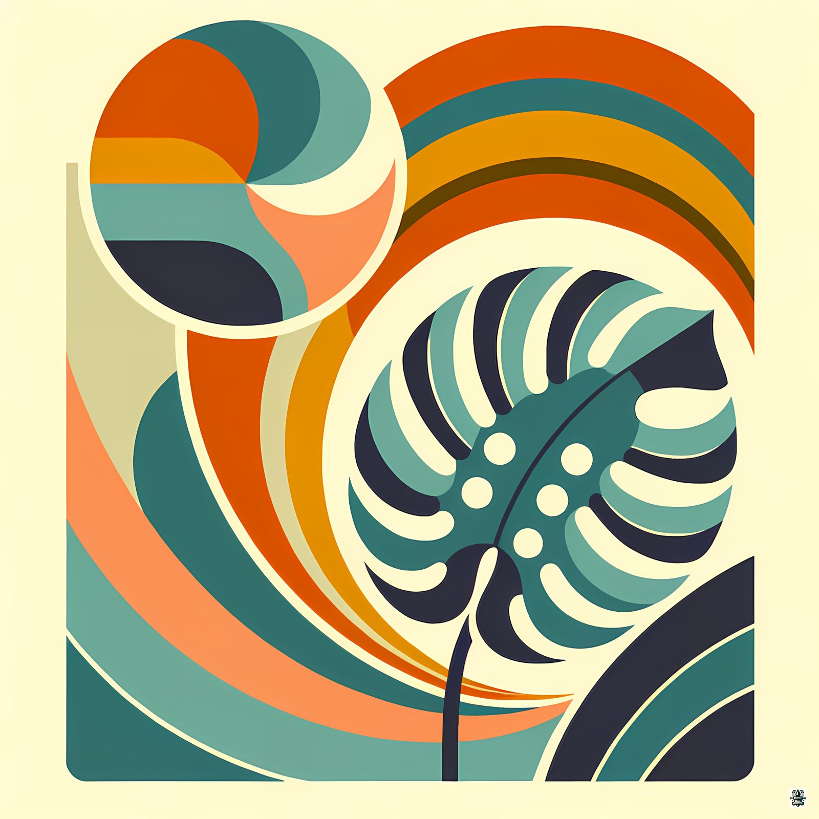 Abstract Monstera Leaf with Retro Rainbow Waves