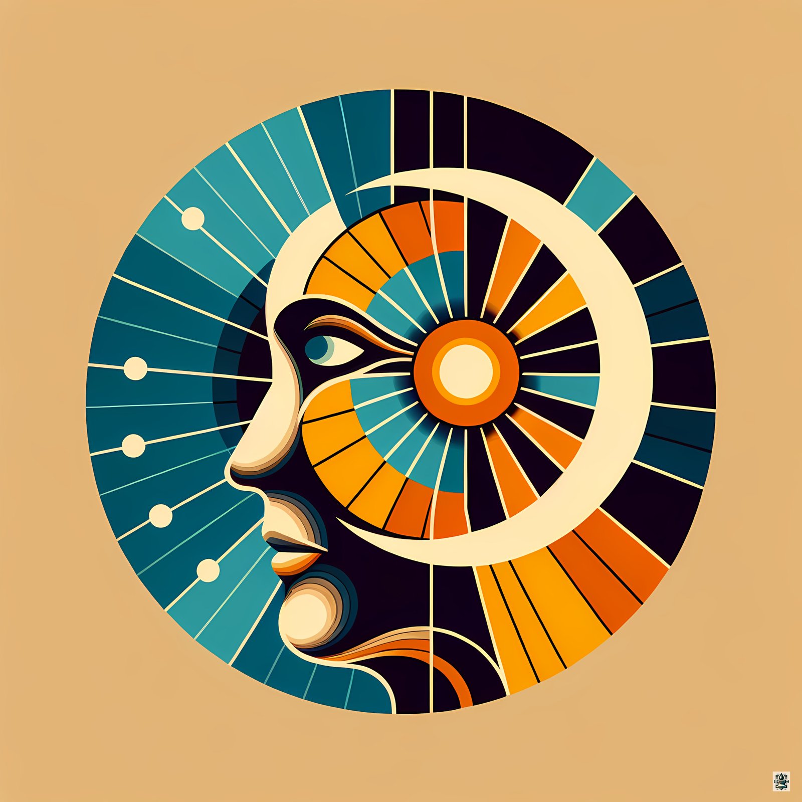 Geometric Abstract Face with Radiating Sunburst