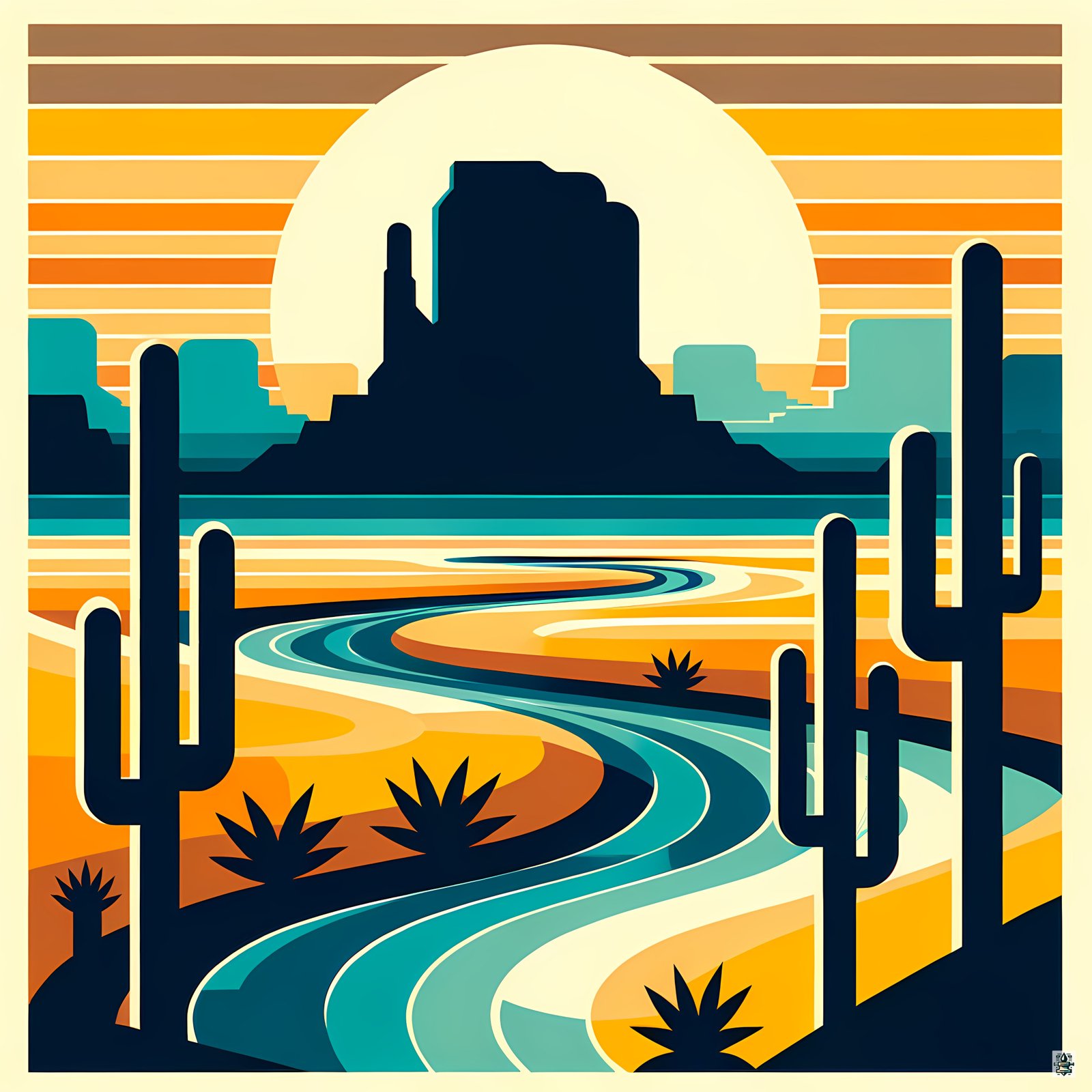 Desert River Sunset with Cactus Silhouettes