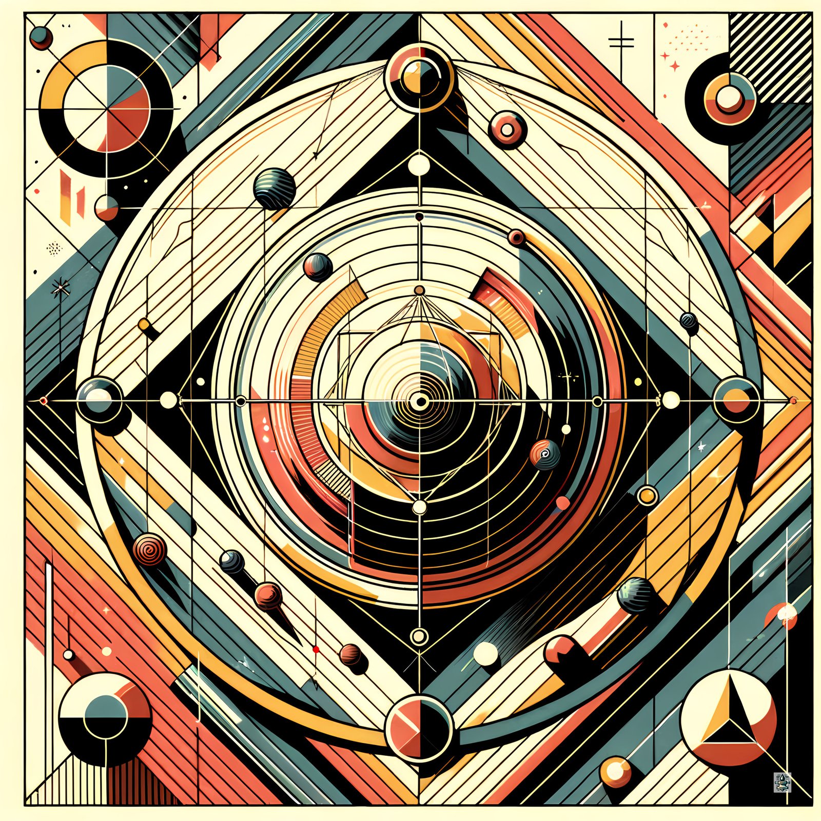 Retro Geometric Space Orbits in Teal and Orange