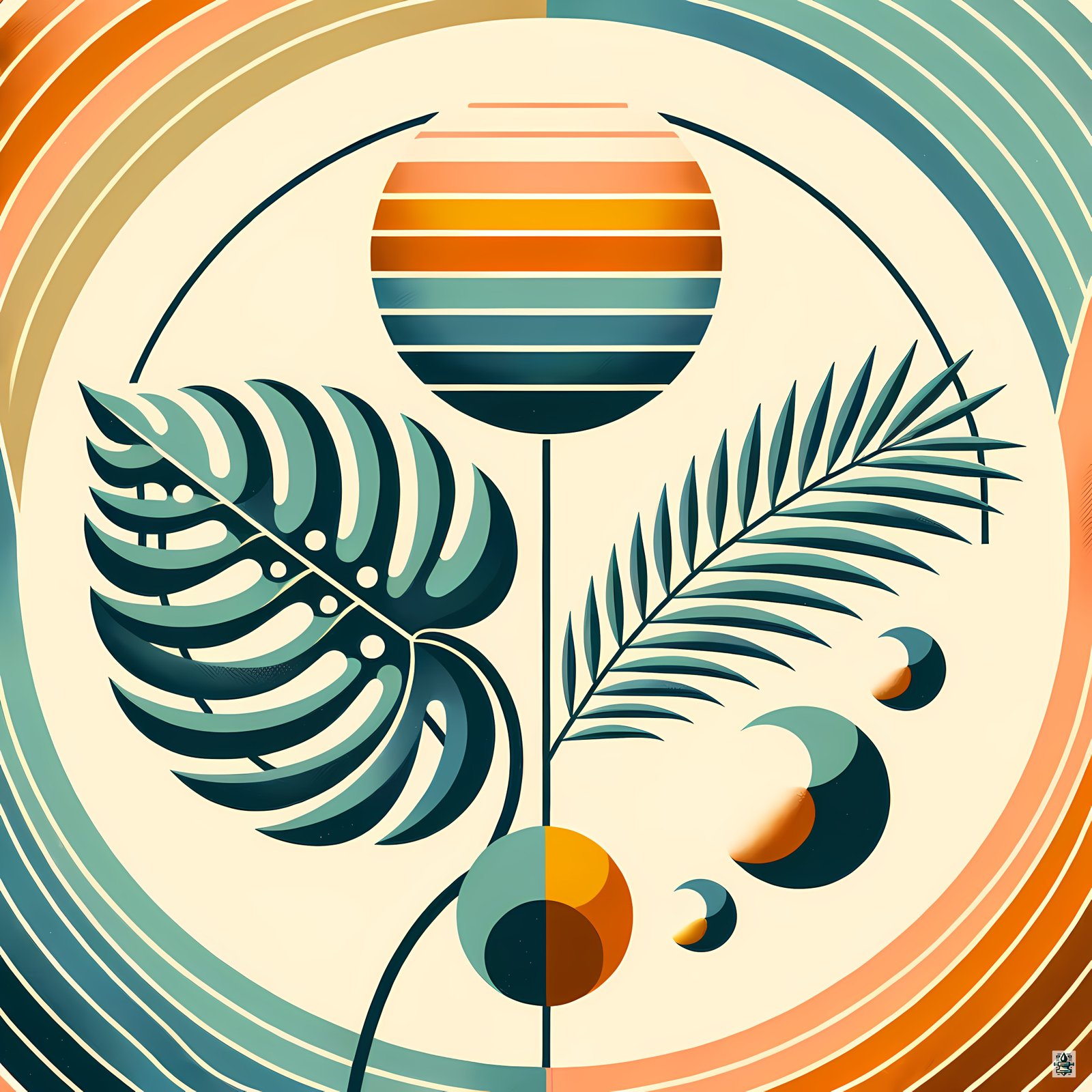 Abstract Botanical Sun and Tropical Leaves