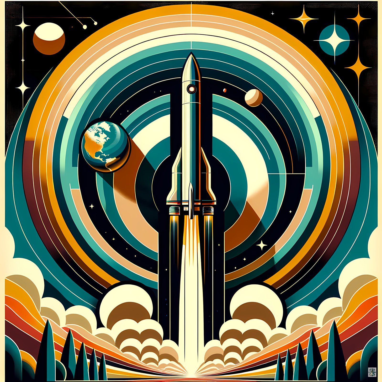 Retro Rocket Launch Geometric Space Illustration