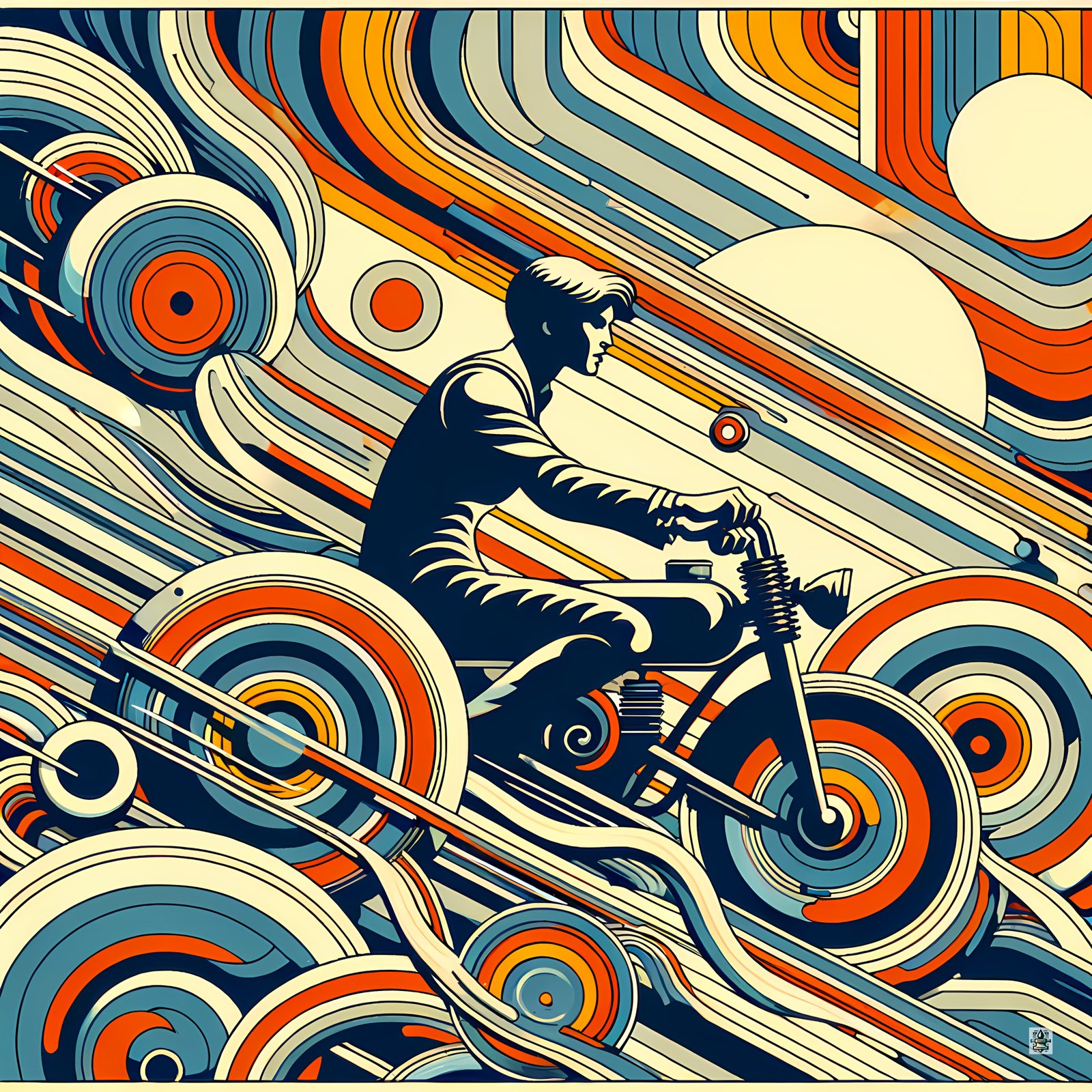Retro Motorbike Rider with Geometric Waves in Teal