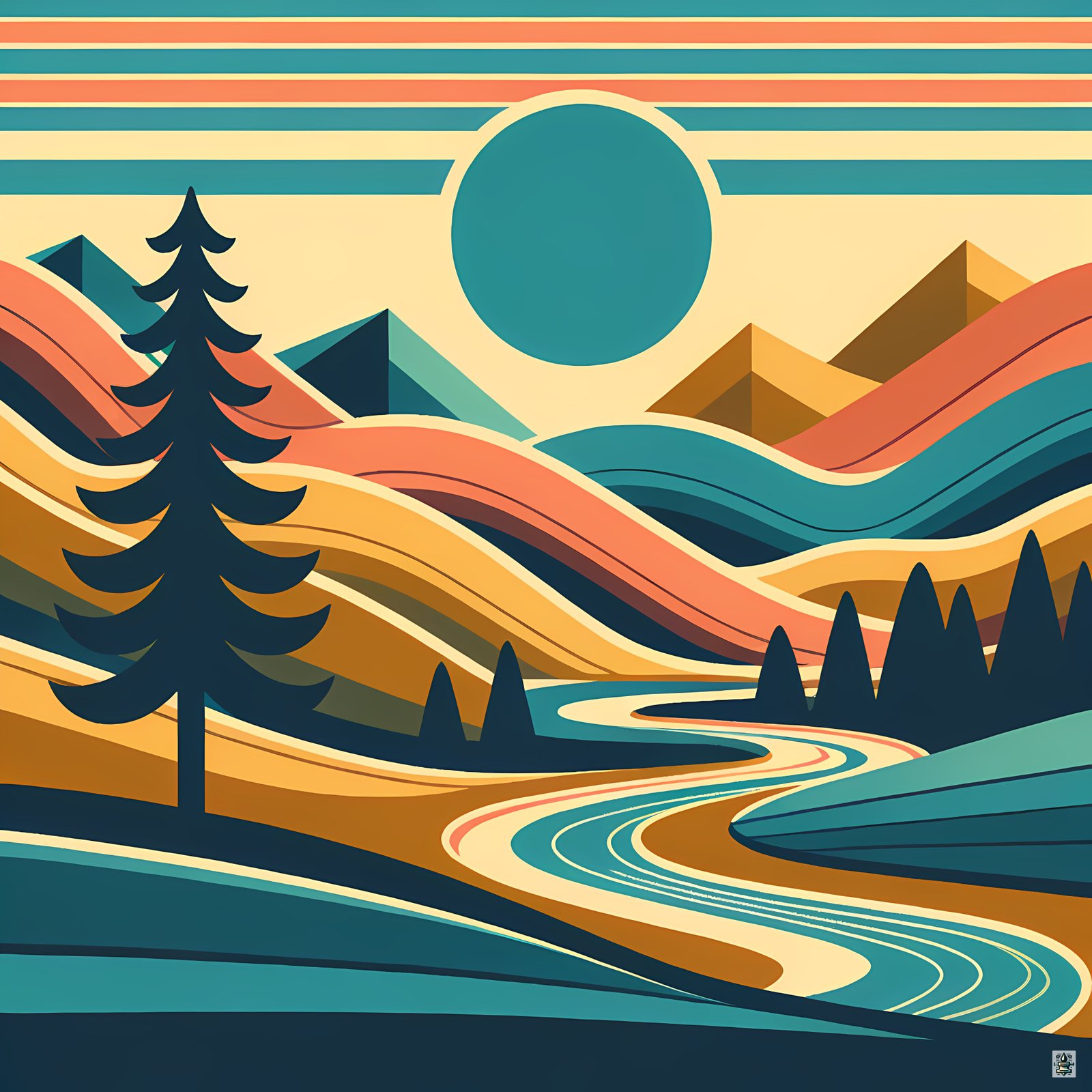 Geometric Mountain River Landscape