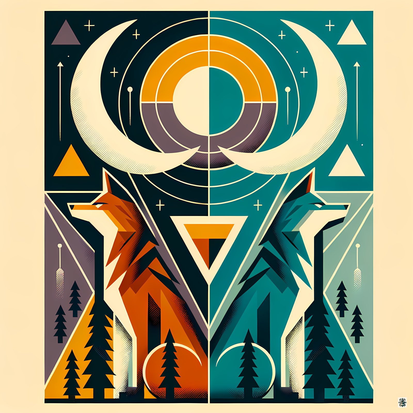 Geometric Fox and Wolf Totem
