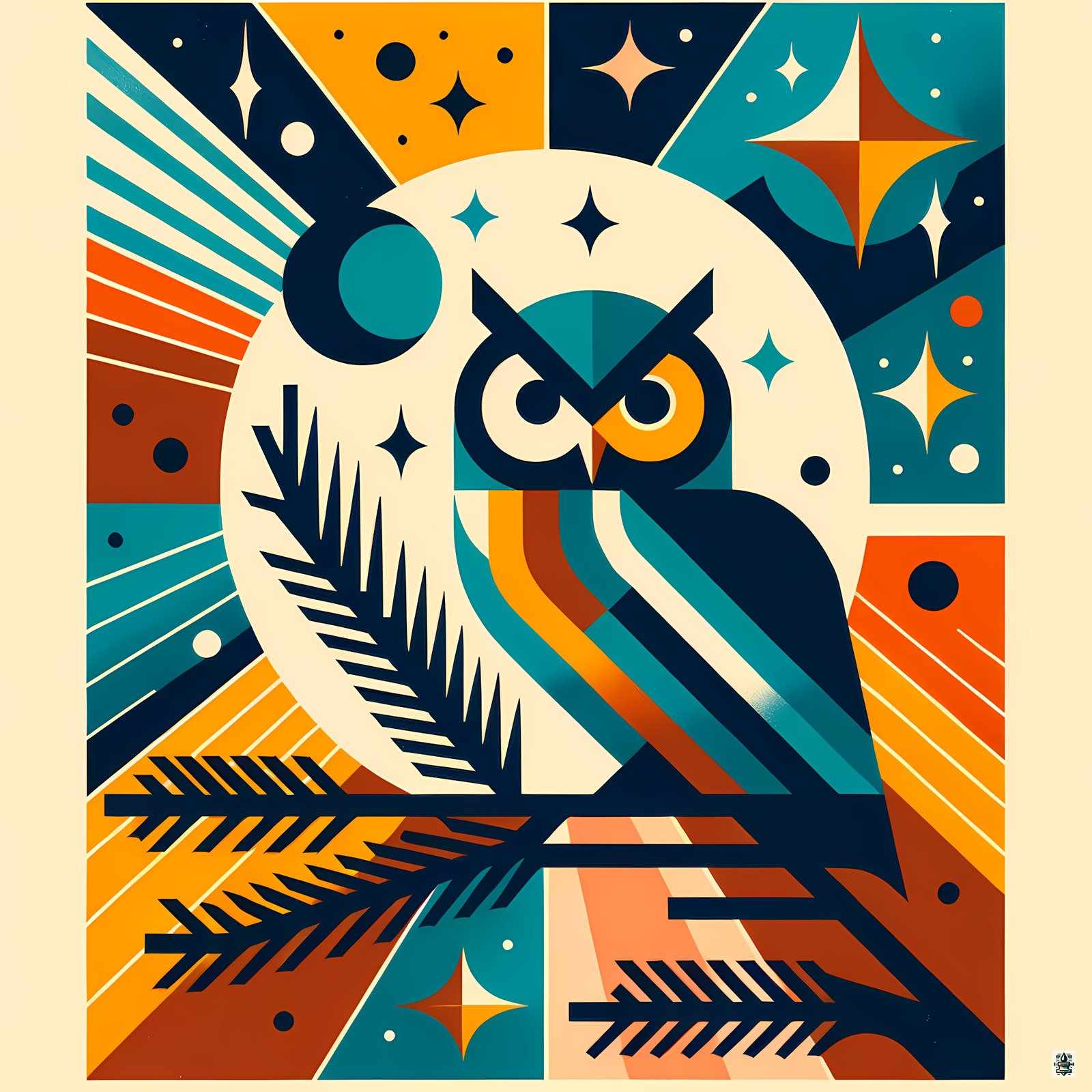 Geometric Owl Under Moon and Stars