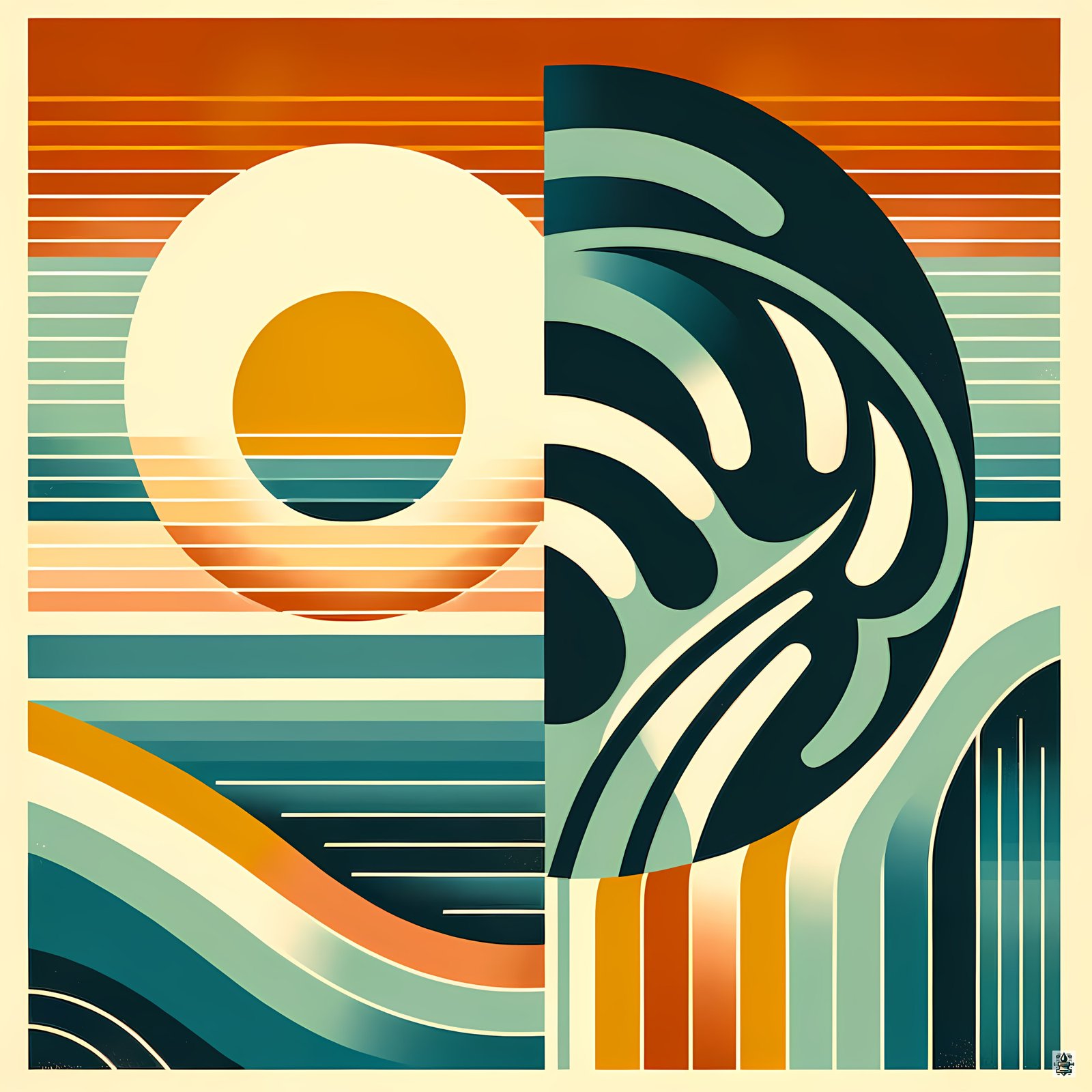 Geometric Sun and Monstera Abstract