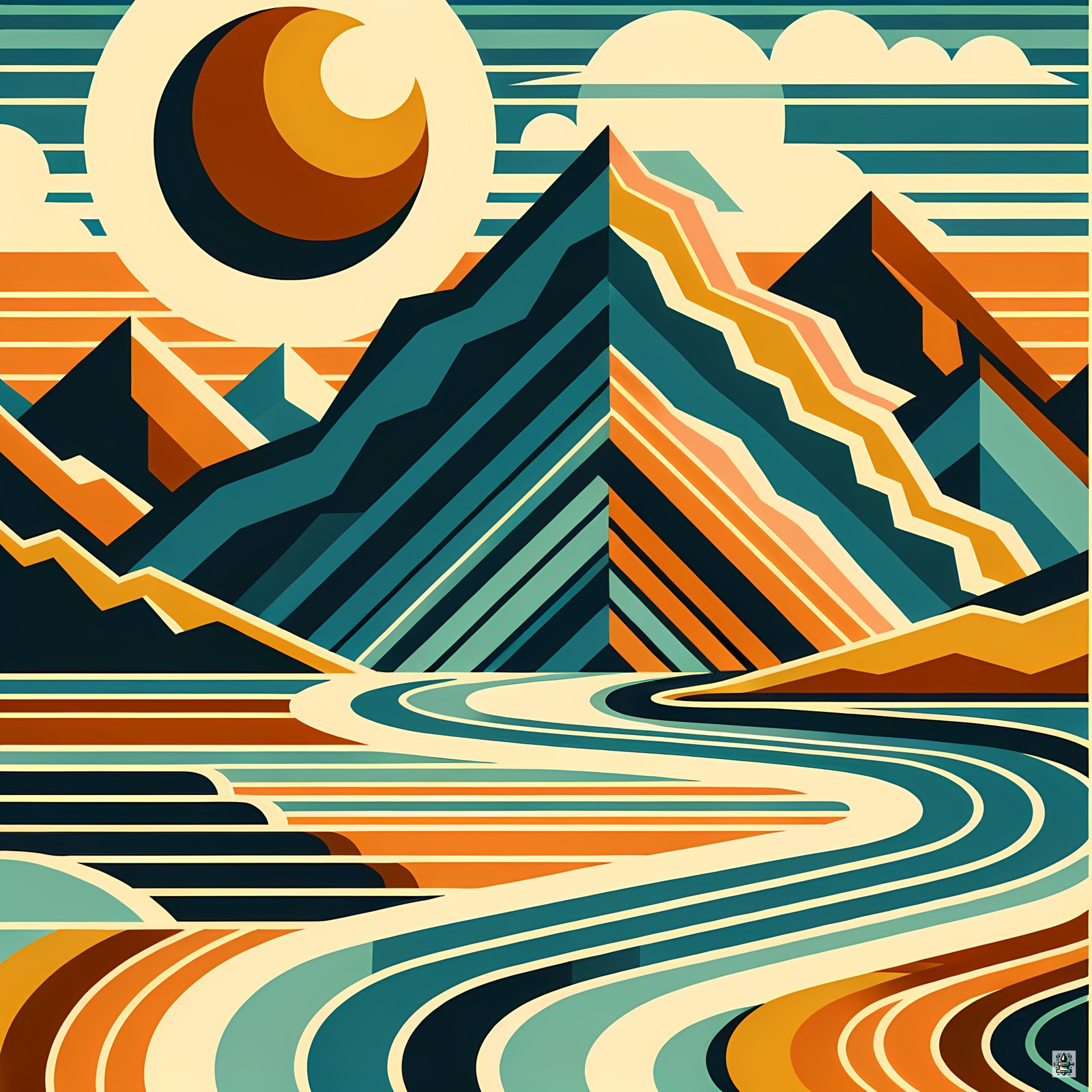 Retro Mountain River Landscape