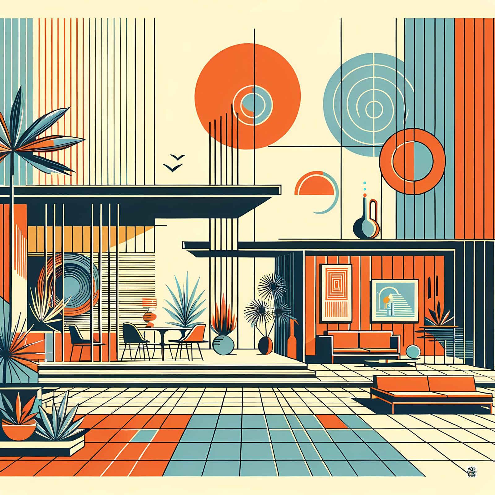 Mid Century Modern Geometric House Illustration