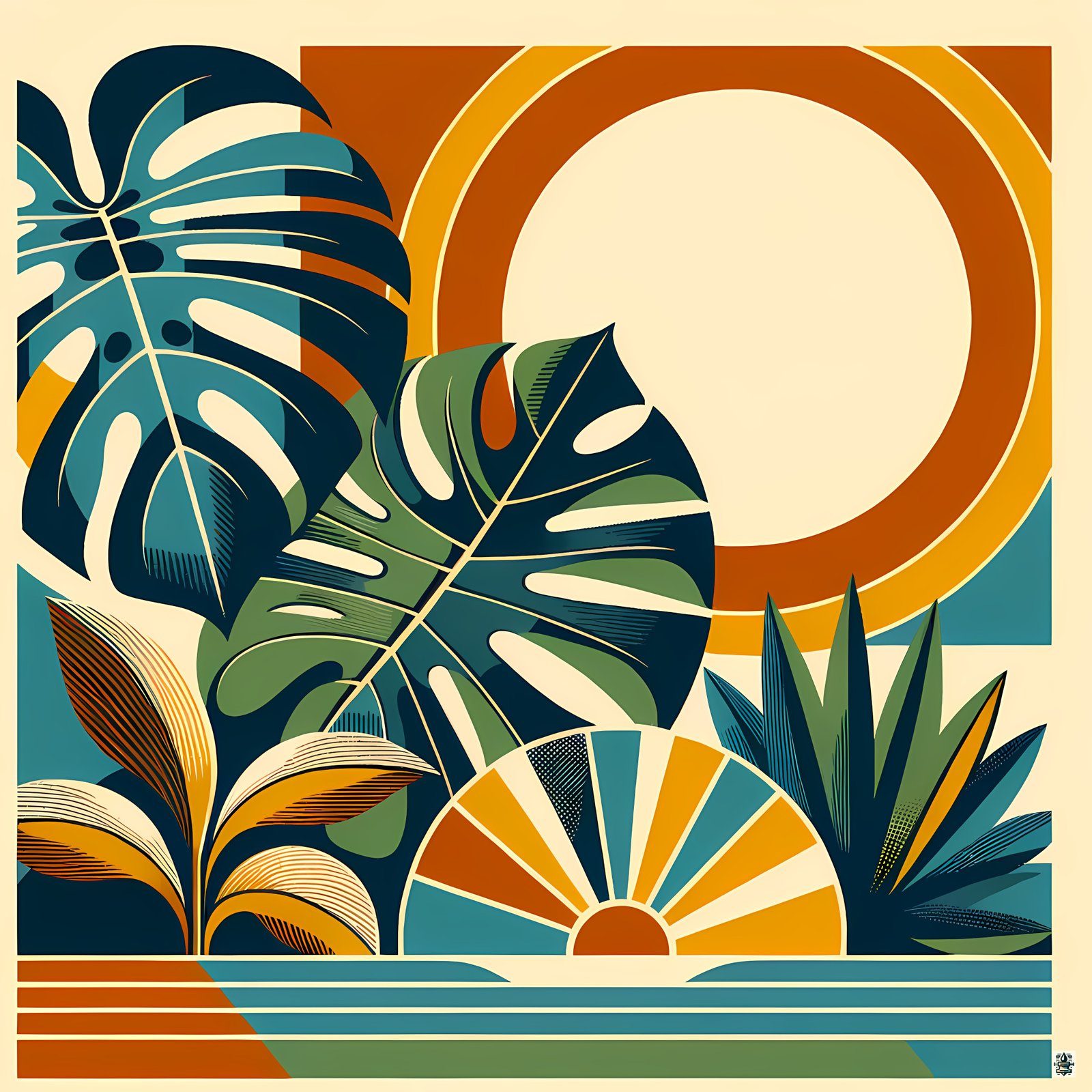 Abstract Botanical Sun and Monstera Leaves