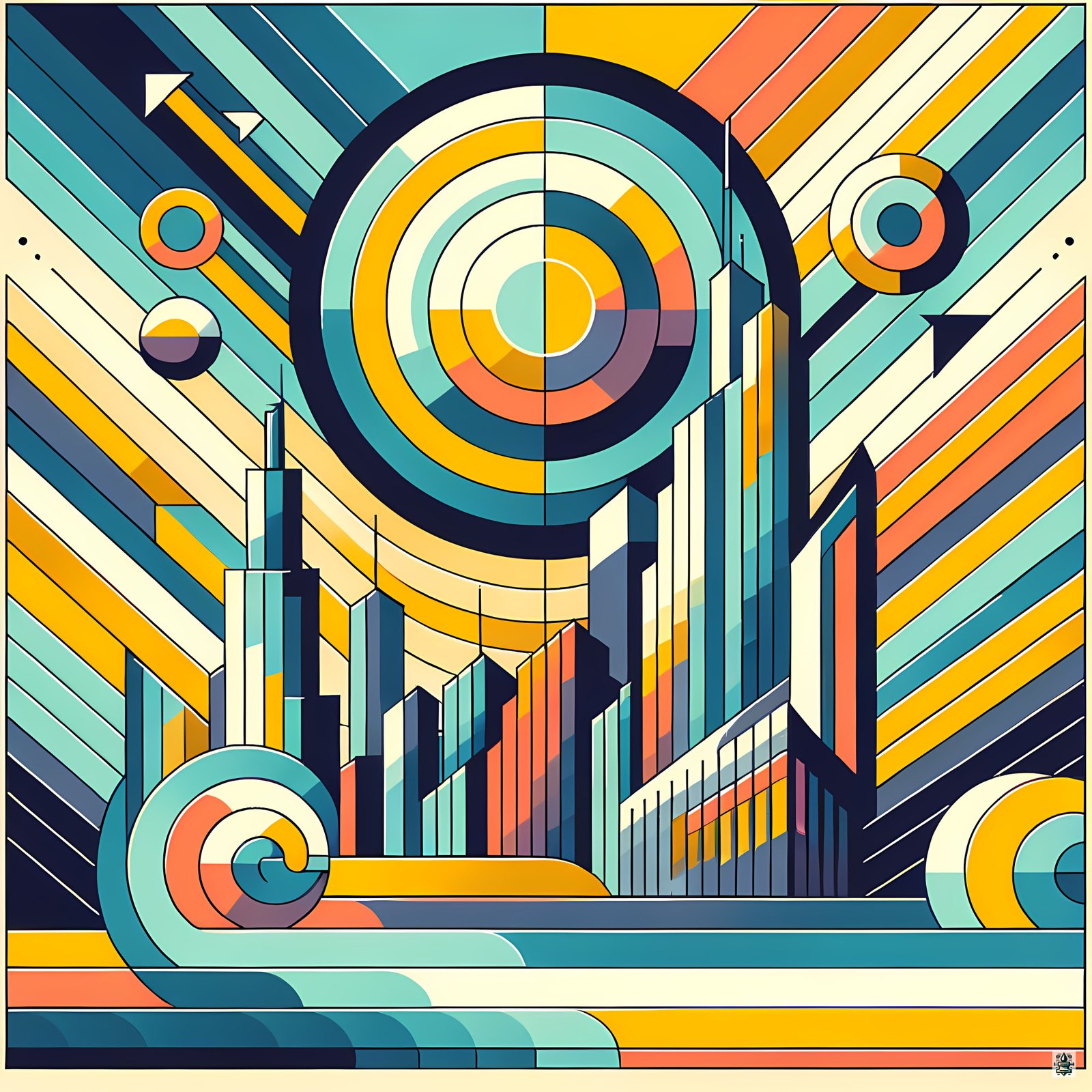 Geometric Retro Cityscape with Concentric Sun
