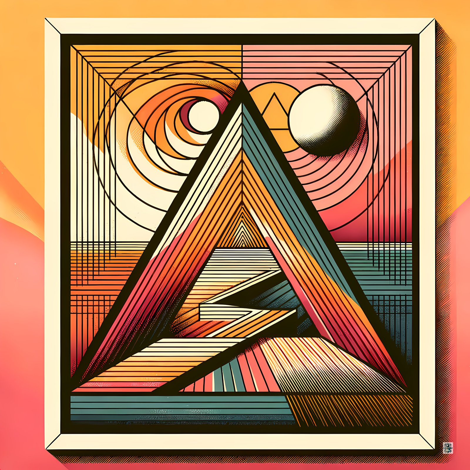 Retro Geometric Triangle Sun and Moon Abstract Art