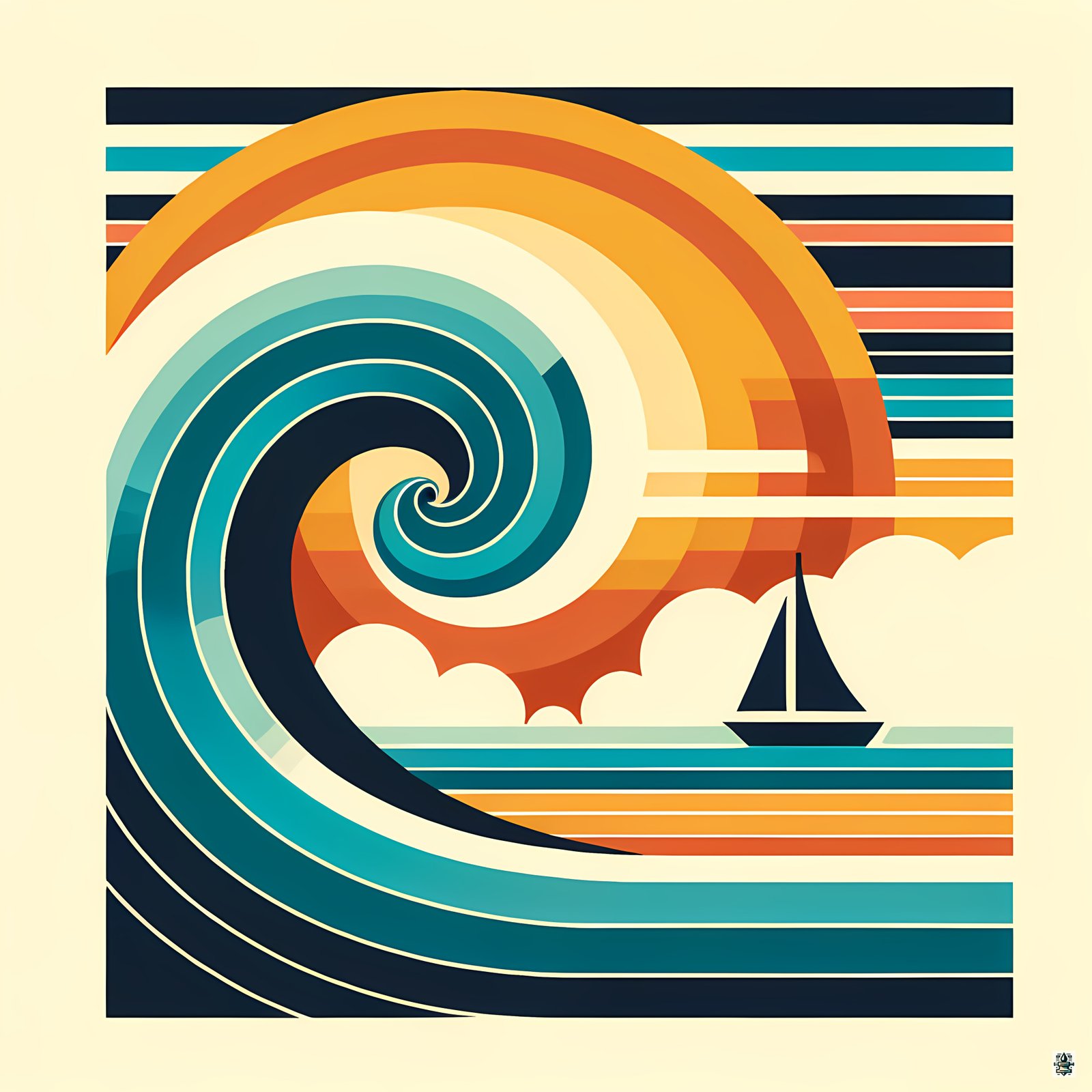 Geometric Wave and Sailboat Sunset