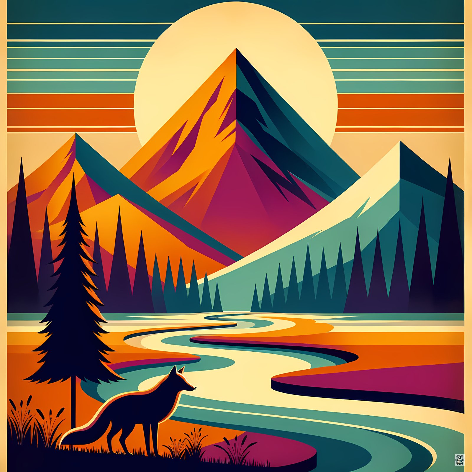 Geometric Mountain Landscape with Fox and River