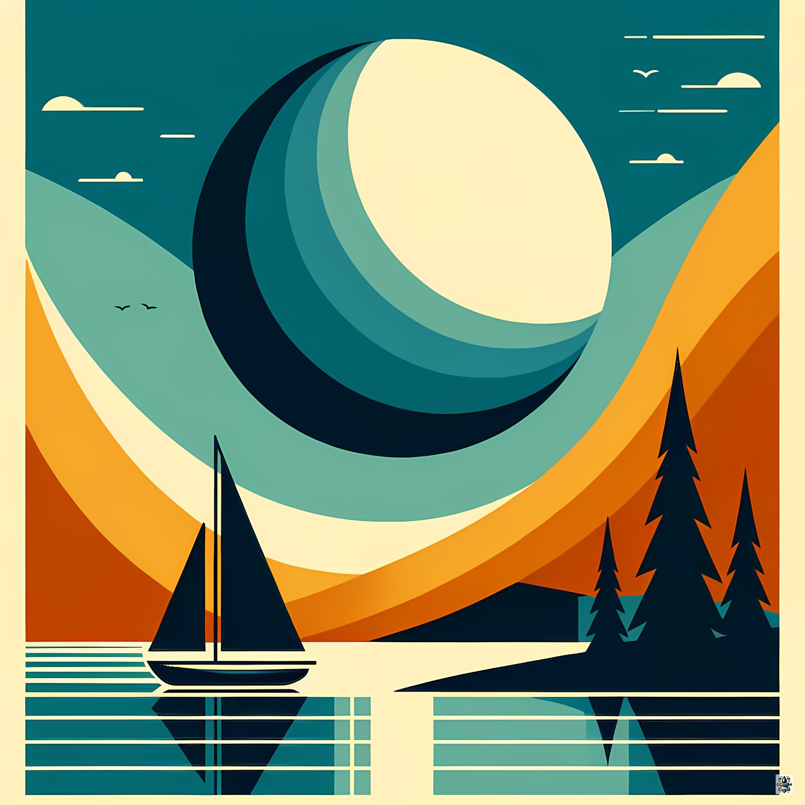 Geometric Moon Over Lake Sailboat