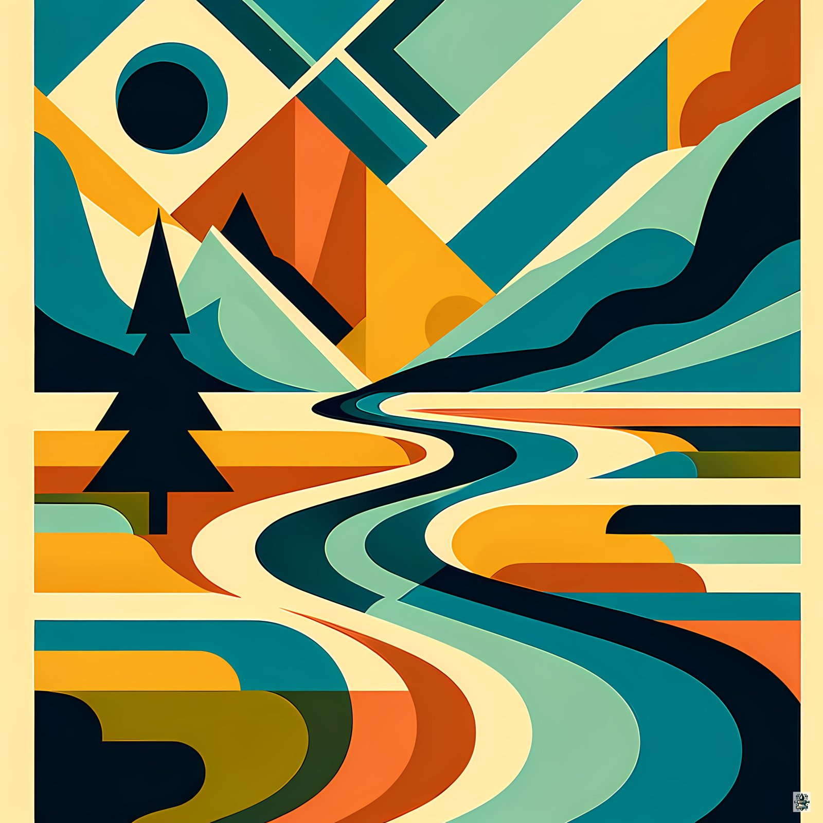 Geometric Mountain River Landscape
