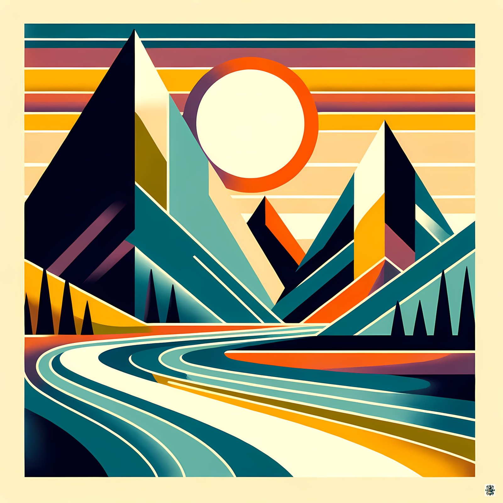 Geometric Mountain Sunset Landscape