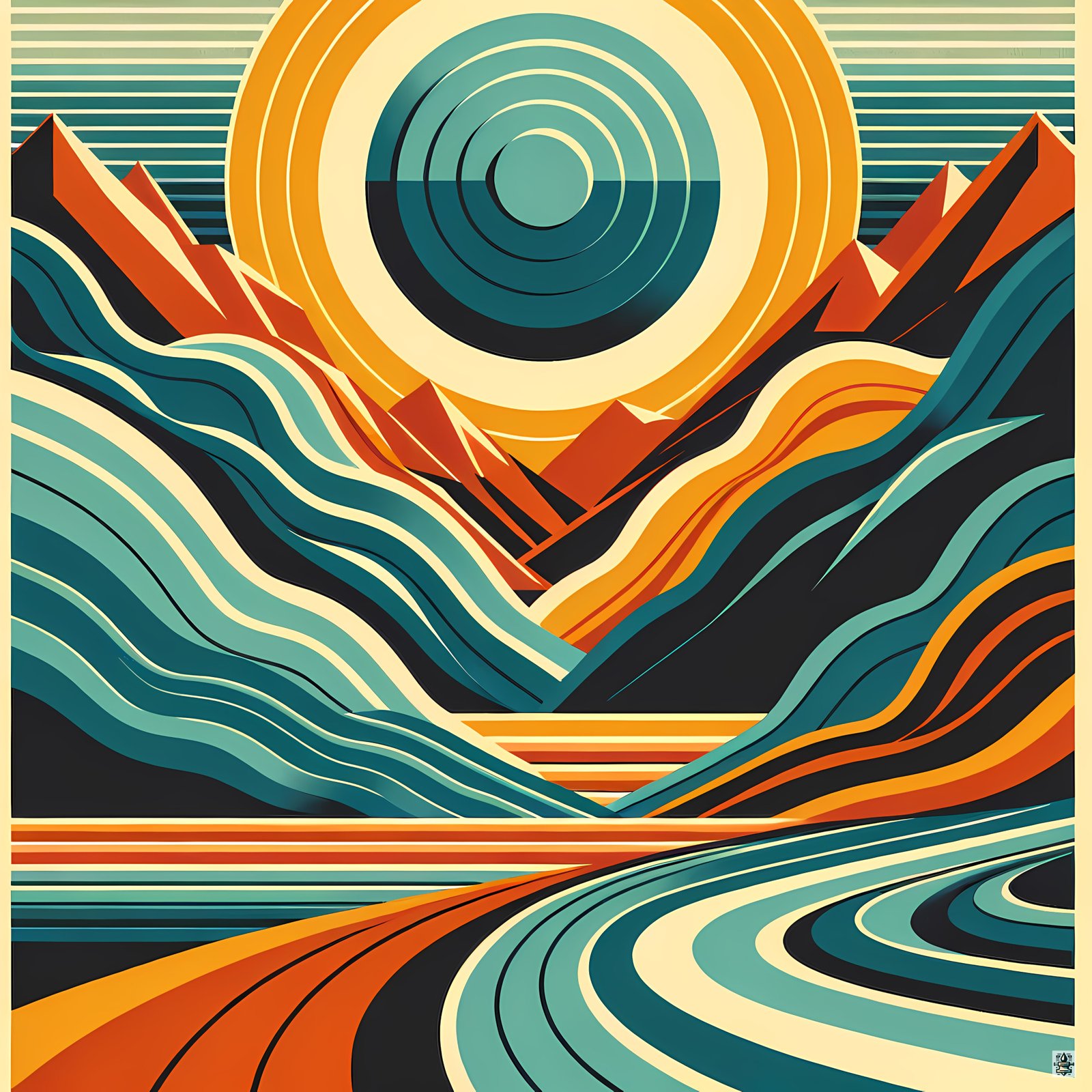 Geometric Sun and Mountains Landscape