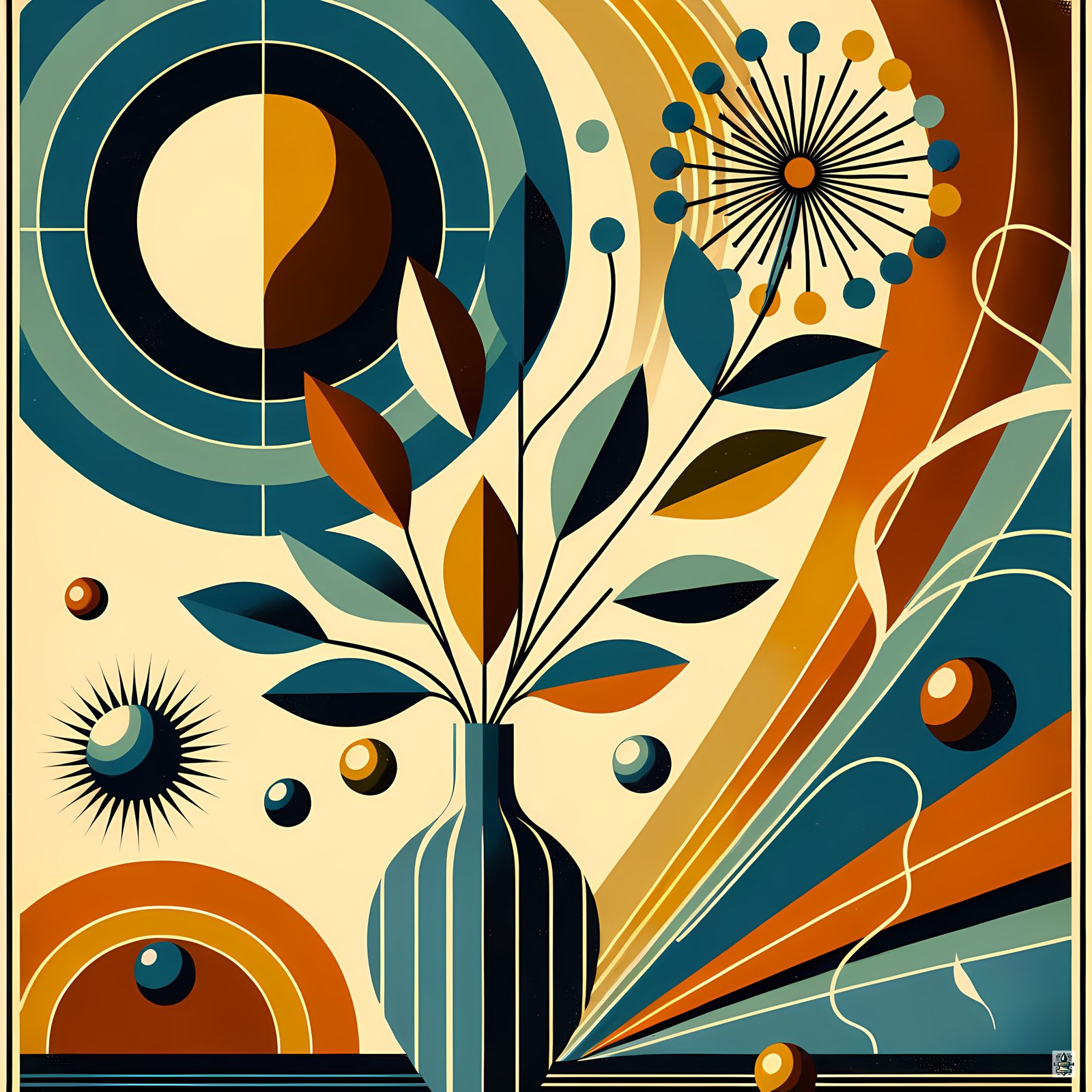 Abstract Botanical Vase with Geometric Flower