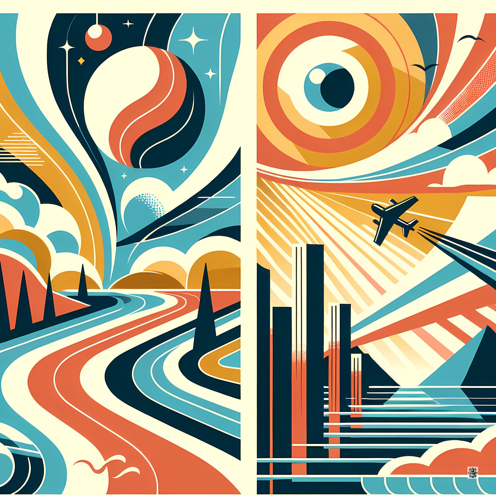 Retro Mid Century Modern Sky and Cityscape Diptych