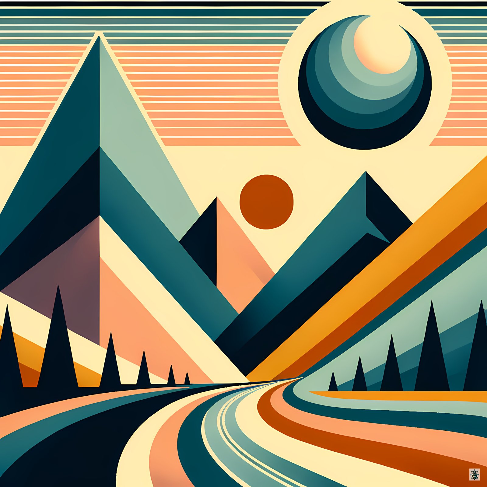 Geometric Mountain Road at Sunset