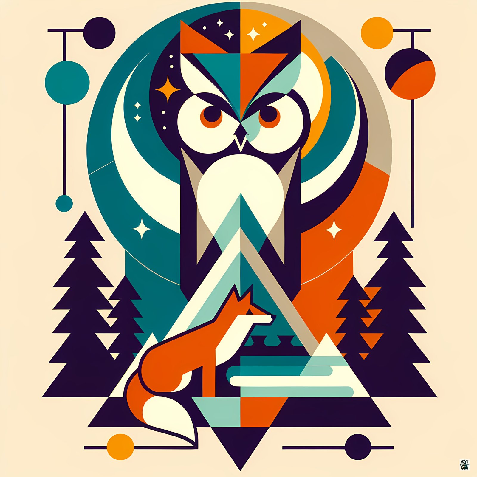 Geometric Owl and Fox Forest Scene