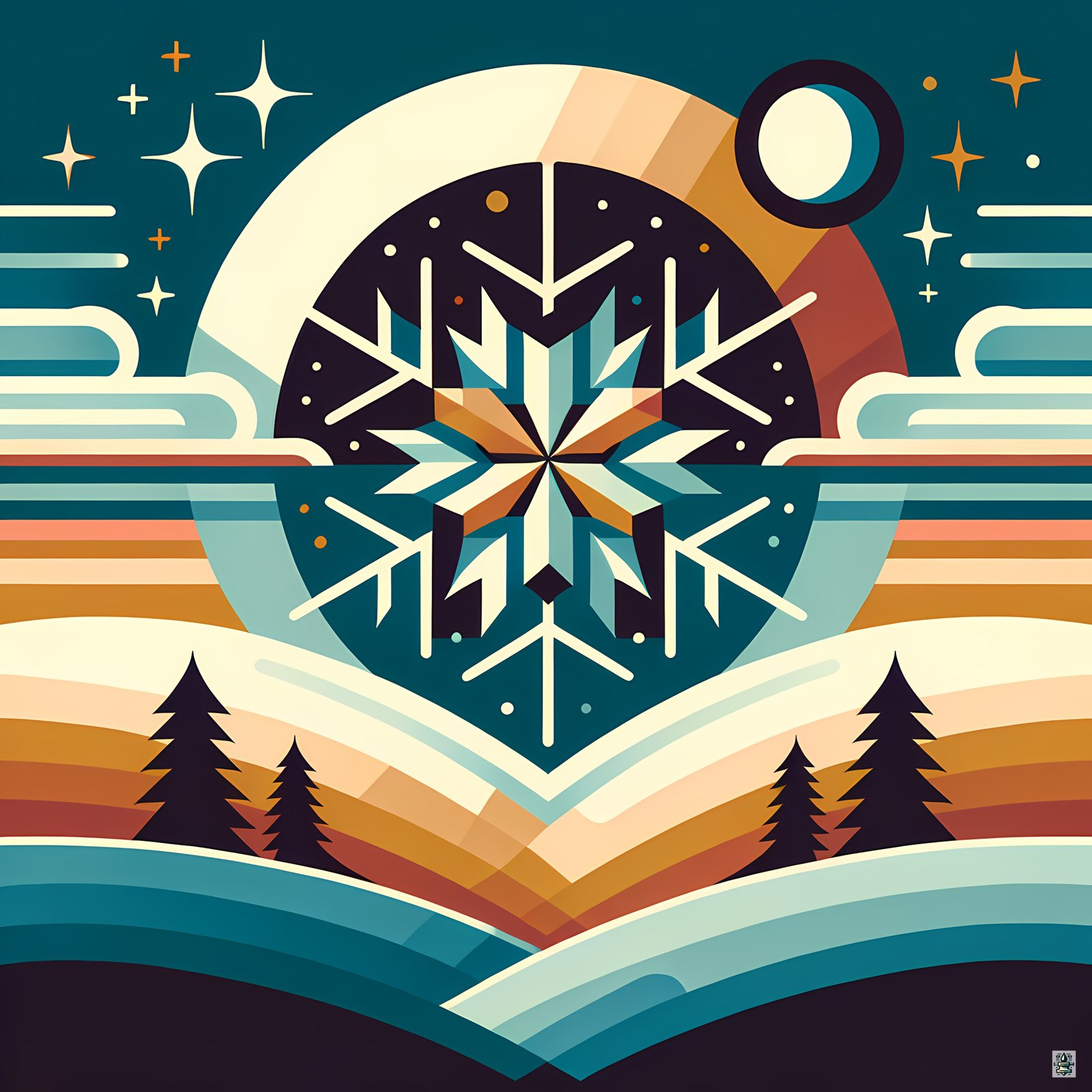 Geometric Snowflake Winter Landscape